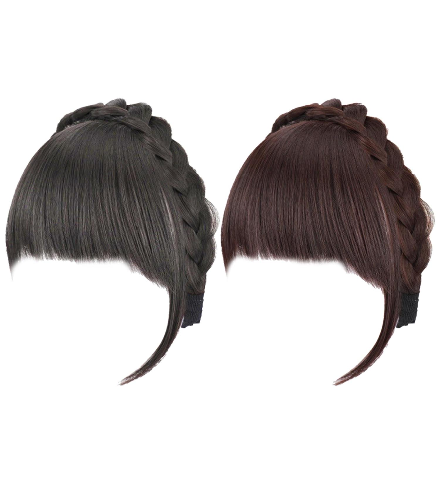 Headband with Bangs Fluffy Front Fake Bangs Synthetic Braided Headband Wig with Bangs Non slip Headband Hair Extensions for Women Girls Dark Brown