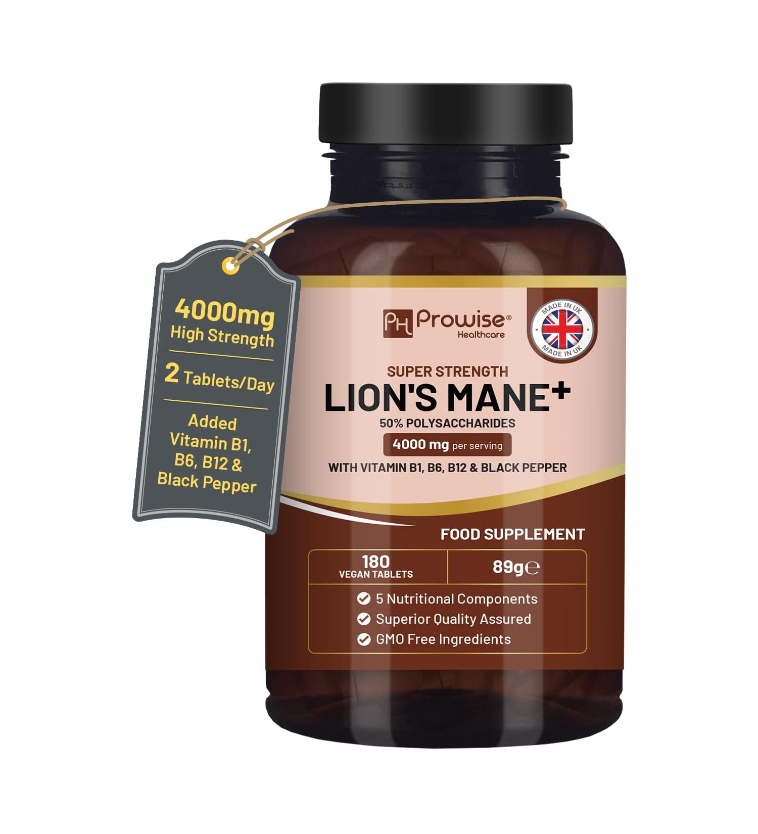 Lions Mane Mushroom Supplement 4000mg with Vitamin B1 B6 B12 & Black Pepper - 180 Super Strength Vegan Tablets with 50% Polysaccharides (Not Powder or Capsules) | Made in The UK by Prowise - Buy Online on GoSupps.com