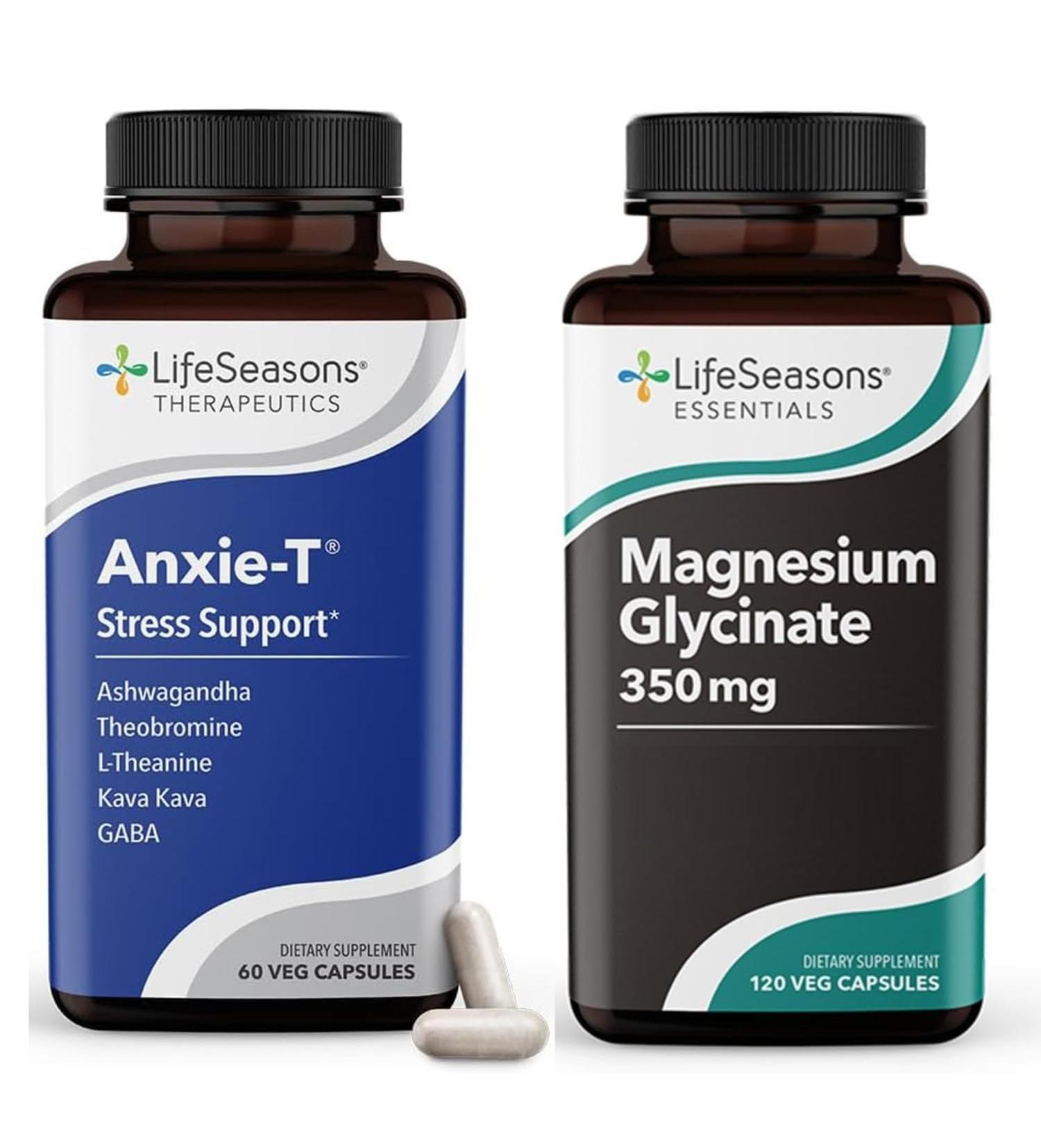 LifeSeasons Magnesium Glycinate 350mg + Anxie-T Stress Relief Supplement Supports Stress Relief Sleep Mood Heart Health Muscles & Metabolism Magnesium Glycinate 60 Capsules & 120 Capsules - Buy Online on GoSupps.com