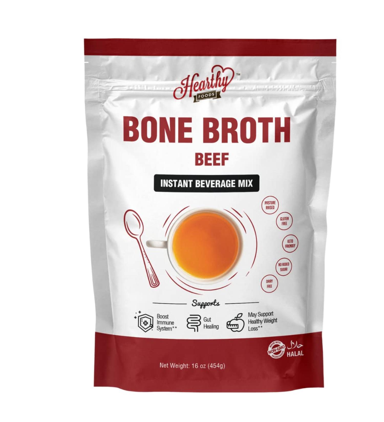 Hearthy Foods Grass-Fed Beef Bone Broth Powder 16 oz | Keto & Paleo Friendly, Halal Certified, Non-GMO | Immunity & Bone Health Support - Buy Online on GoSupps.com