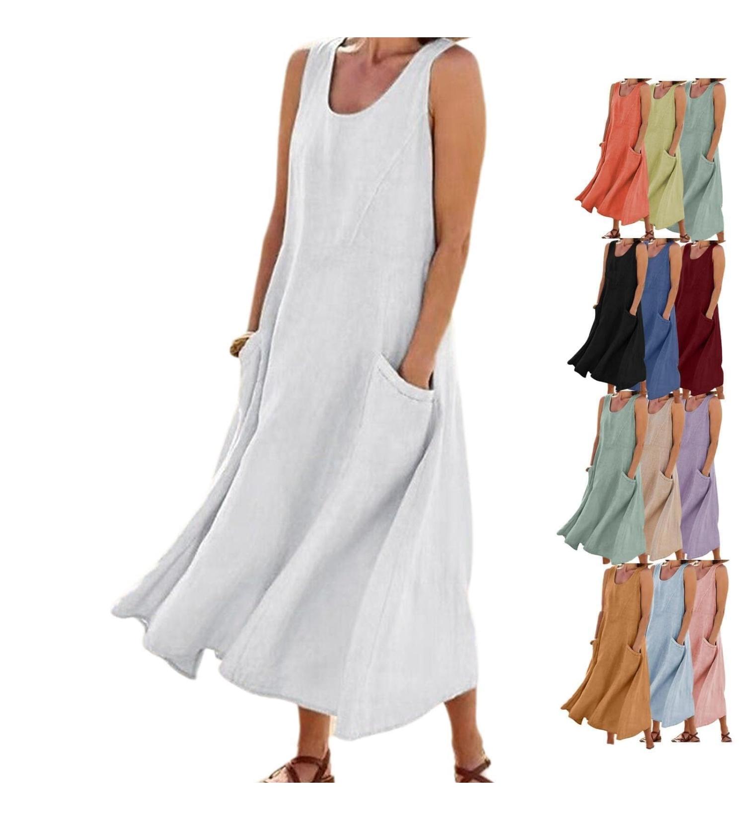 YOMACY Women's Sleeveless Cotton and Linen Dress long Cotton Dresses for Women 2024 Casual Loose Long Dress Tank Dress with Pocket linen Midi Dresses for Women(White S) S White - Buy Online on GoSupps.com
