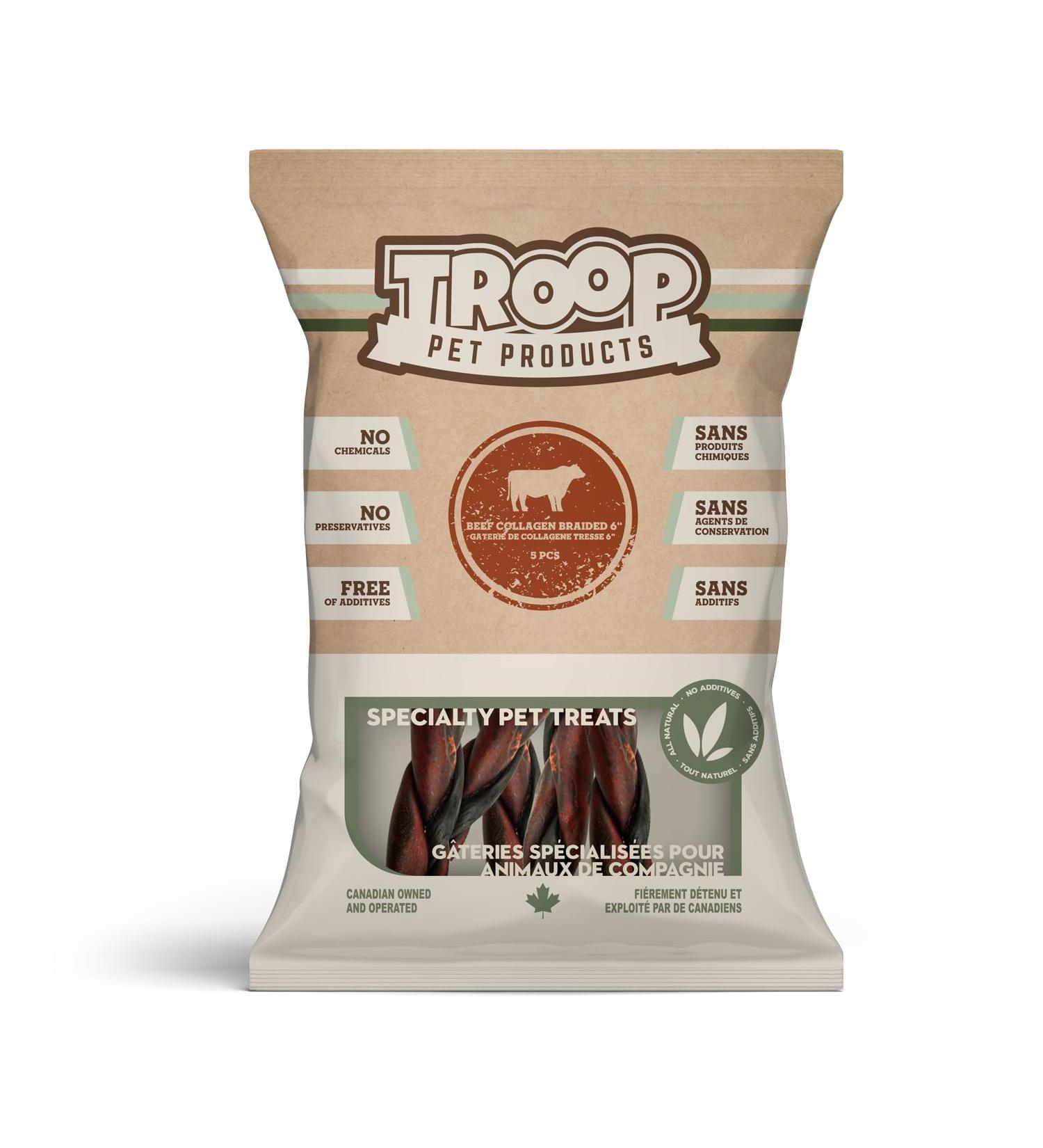 Troop Pet Products Beef Collagen Stick Braided Natural Single Ingredient Dehydrated Dental Chew 6" (Pack of 5) - Buy Online on GoSupps.com