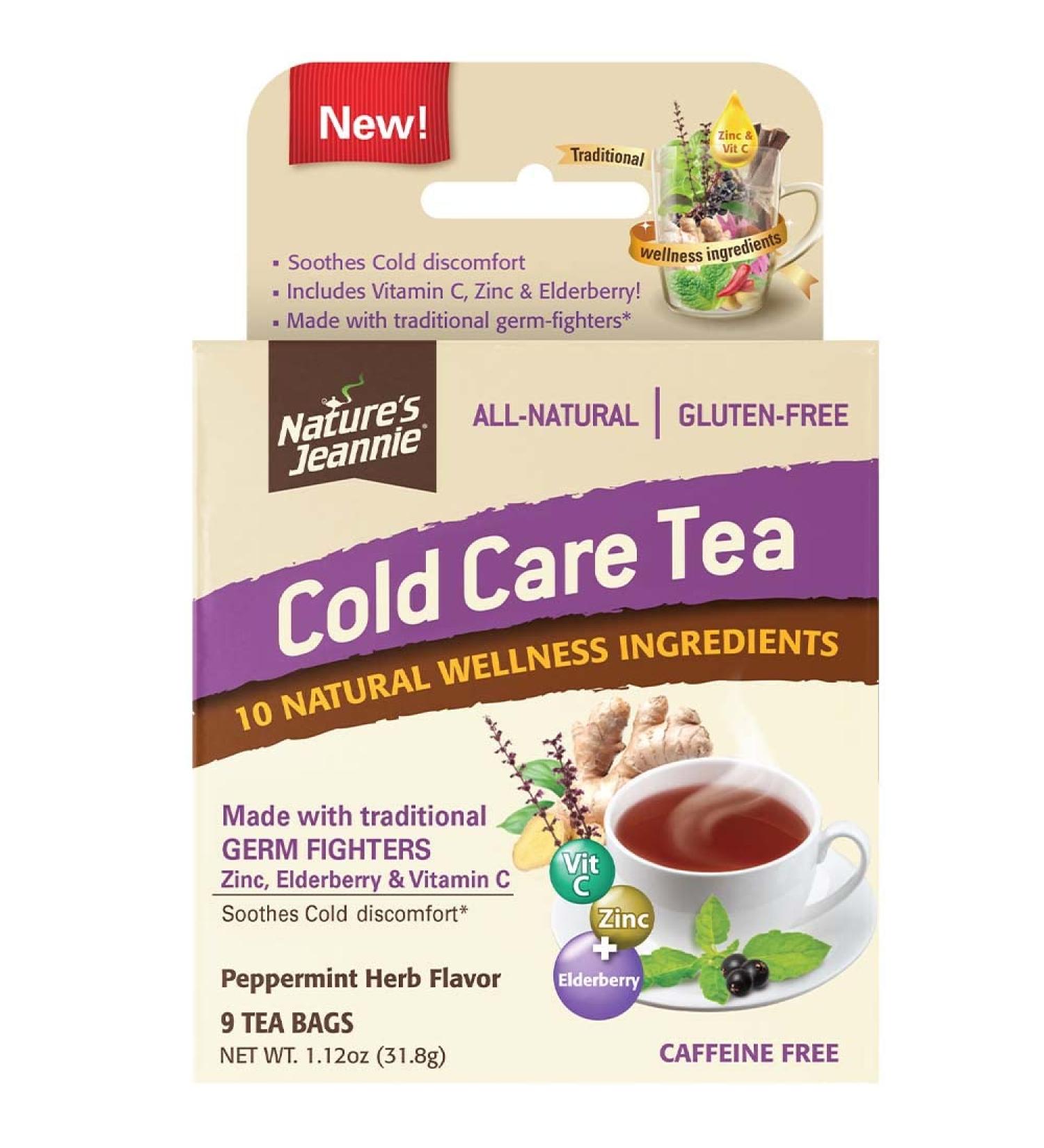 Nature's Jeannie Cold Care Tea - Peppermint Herb Flavor - 9 Tea Bags with Zinc, Vitamin C, Elderberry - Soothes Cold Discomfort - Buy Online on GoSupps.com