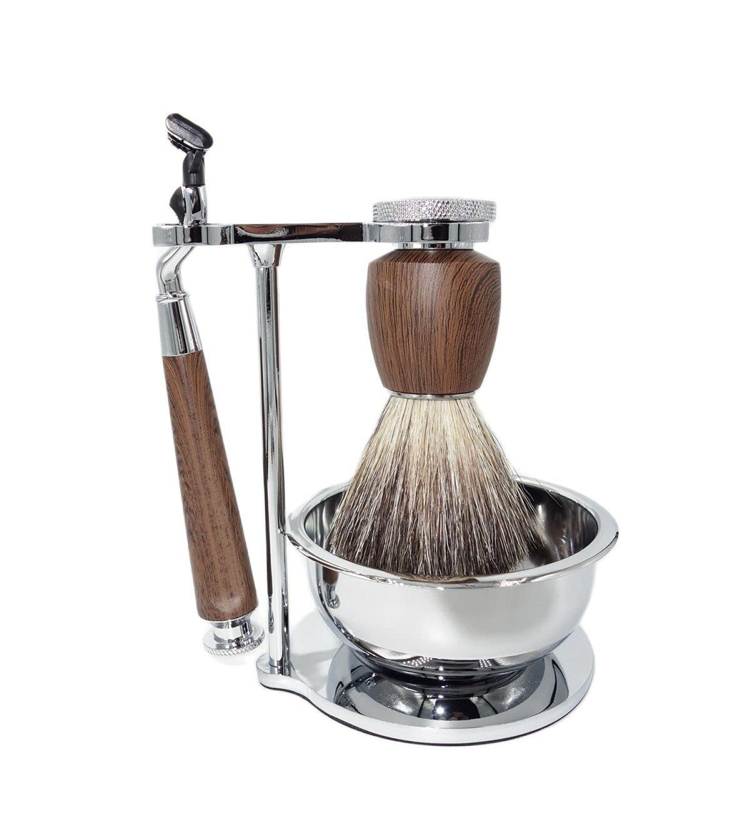 Premium Lefeda Simply Men's Shaving Brush Set - 3 Natural Hair Brushes & Stainless Steel Foam Cup Holder 13x14cm Silver - International Shipping Available - Buy Online on GoSupps.com