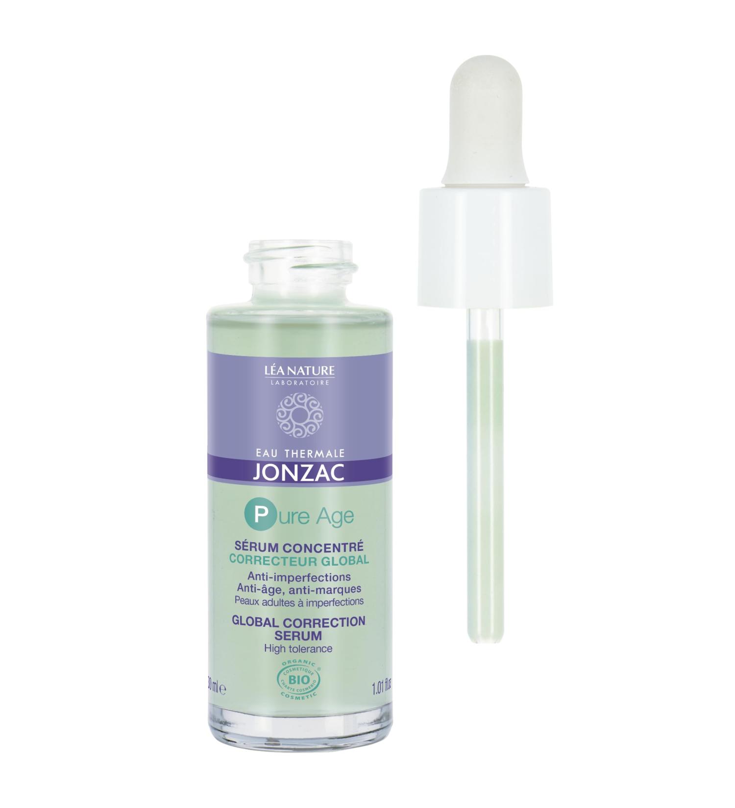 Eau Thermale Jonzac | Global Corrective Concentrated Serum Pure Age | Double action treatment: Anti-blemish & Anti-aging | New skin effect | Acts on the signs of aging | Certified organic | 30 ml - Buy Online on GoSupps.com