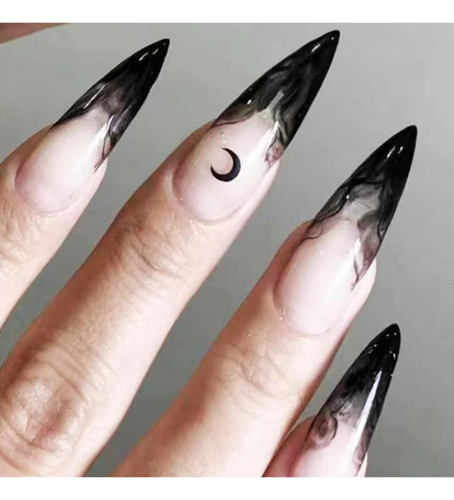 Shop Gothic Halloween Press-On Nails | Medium Almond Black French Tip Design - 24pcs Acrylic Stick-On Witch Nails for Women & Girls - Buy Online on GoSupps.com