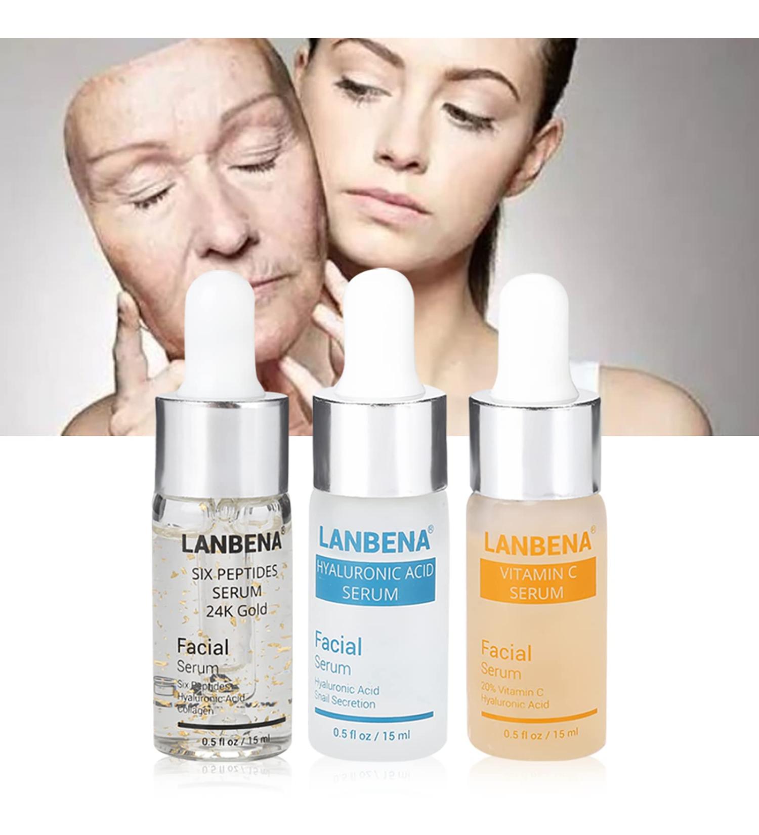 LANBENA Hyaluronic Six Peptides 24K Gold Serum Anti-Aging + Hyaluronic Acid and Snail Secretions Filtered Moisturizing + Vitamin C Serum Whitening Skin Care Essence - Buy Online on GoSupps.com