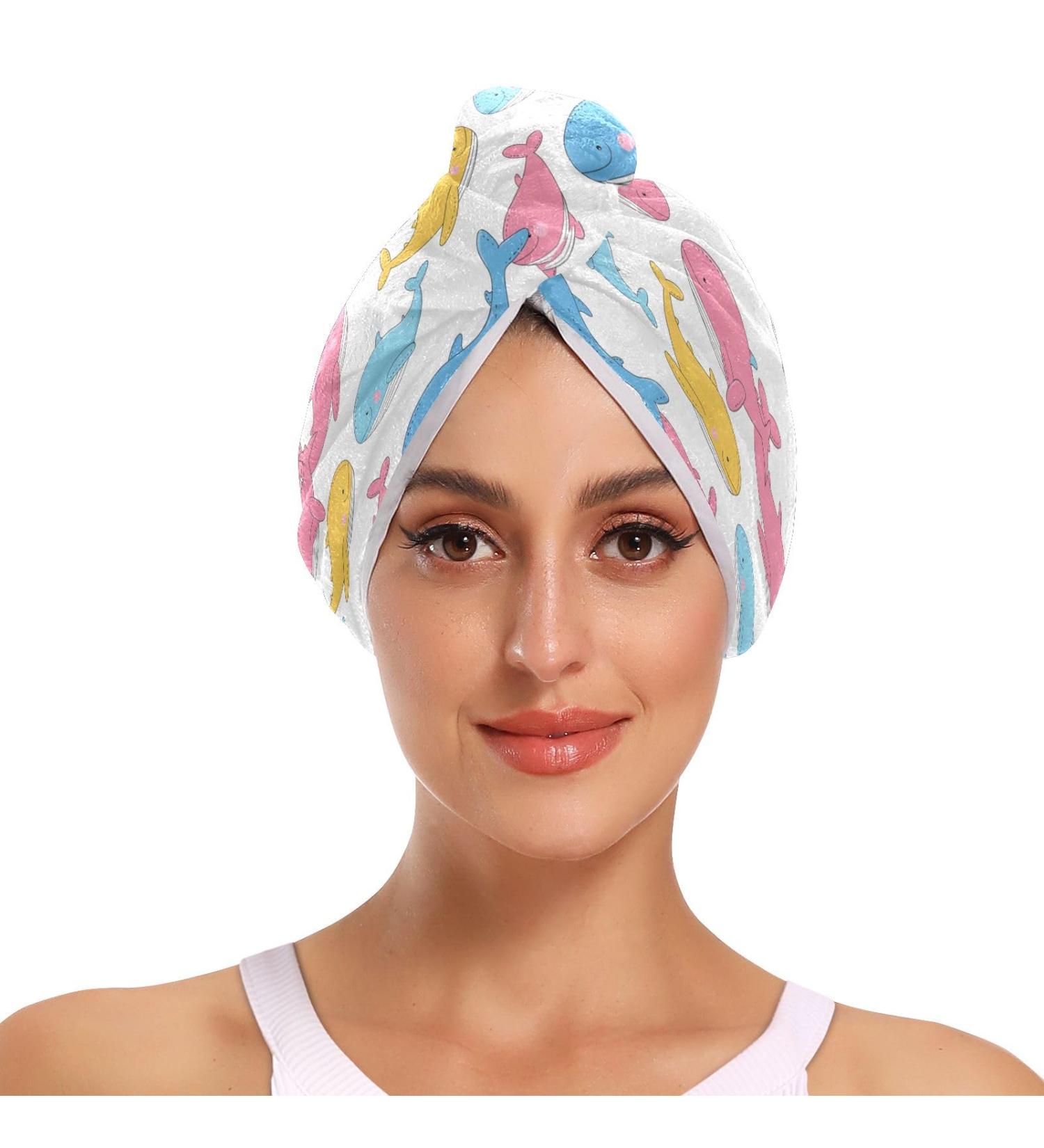 Pink Yellow Blue Whales Hair Towel 2 Pack | Super Absorbent Quick Dry Hair Turbans for Women & Girls - Buy Online on GoSupps.com