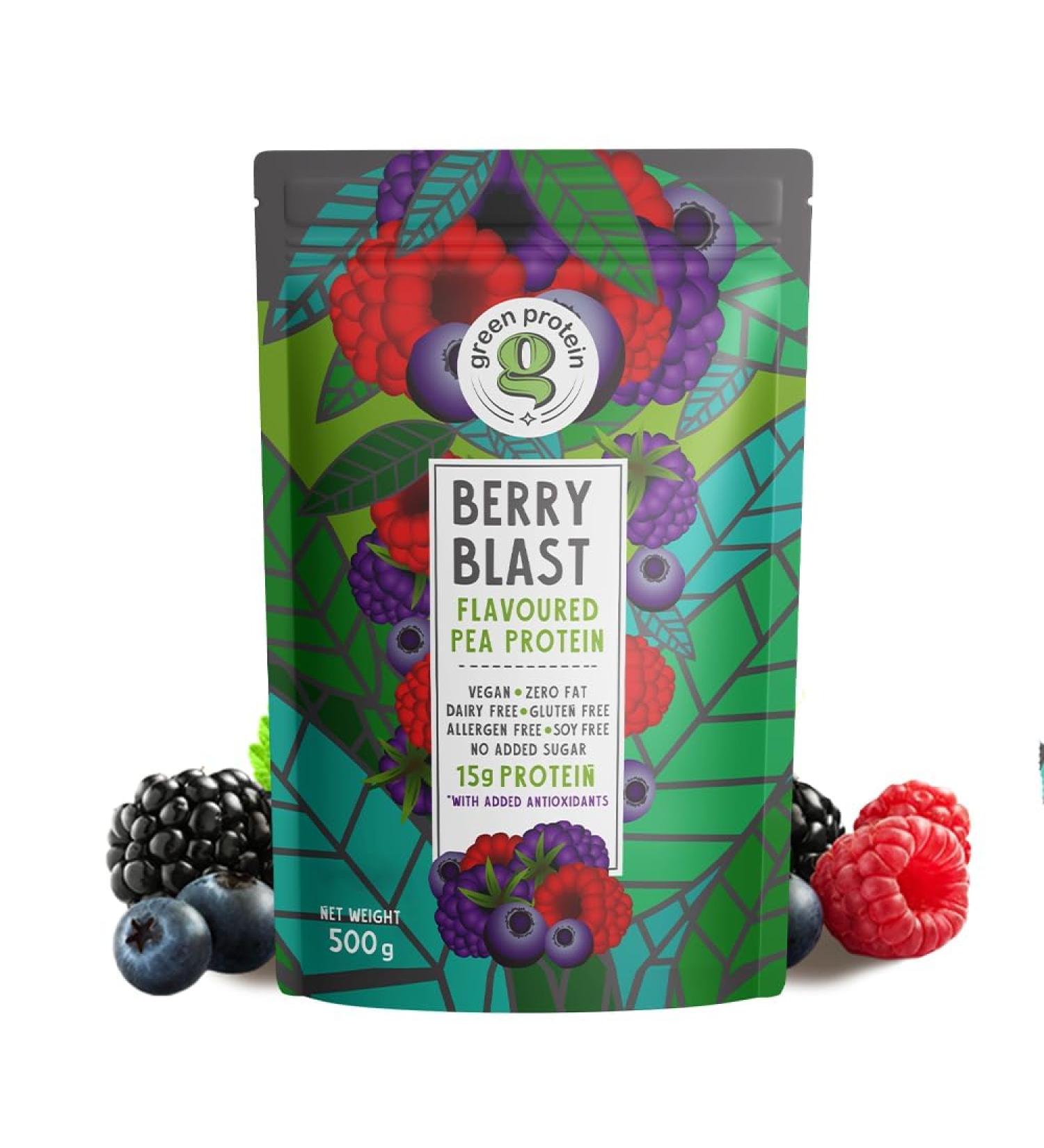 GR EEN Vegan Pea Protein Isolate Powder - 100% Plant-Based Sugar-Free Allergen-Free Berry Blast Flavor 15g Protein 500g Pouch - Buy Online on GoSupps.com