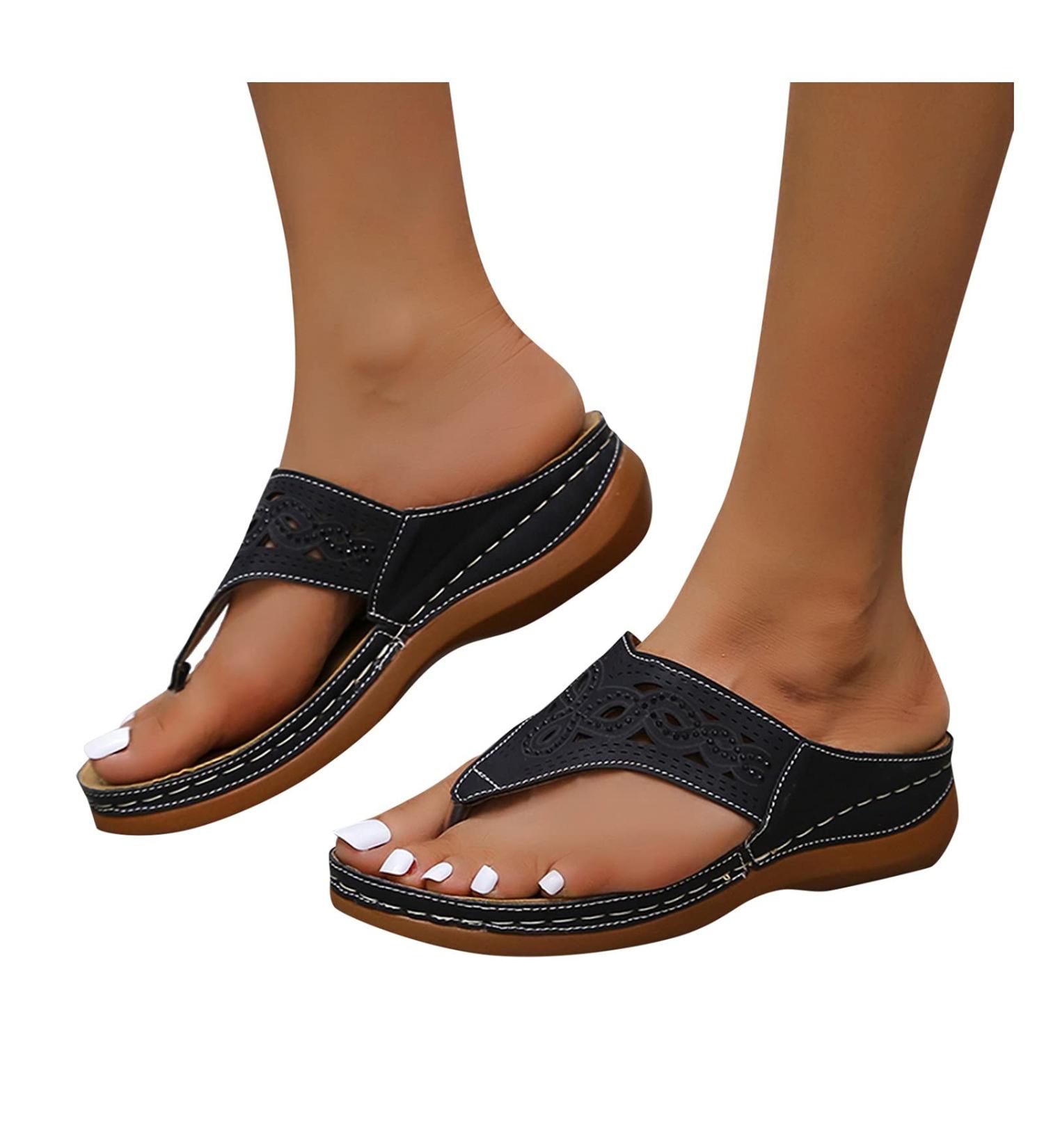 BIFUTON Women's Strappy Sandals with Arch Support | Orthopedic Flip Flops for Casual Walking | Size 10 3X-Narrow | Black - Buy Online on GoSupps.com