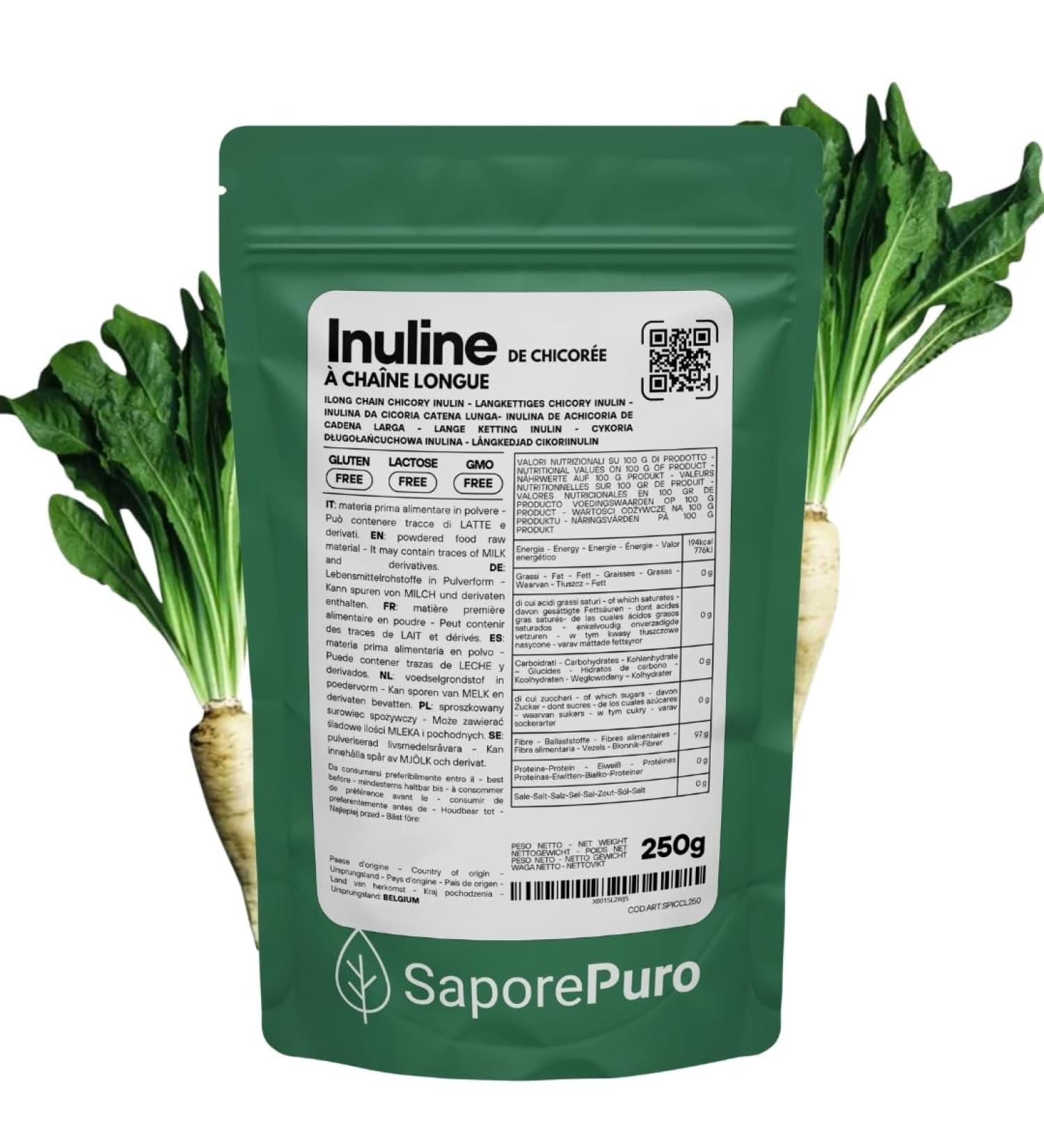SaporePuro INULIN powder 250 g - LONG CHAIN - Prebiotic plant fiber from chicory roots - High performance inulin powder for fat replacement - Buy Online on GoSupps.com