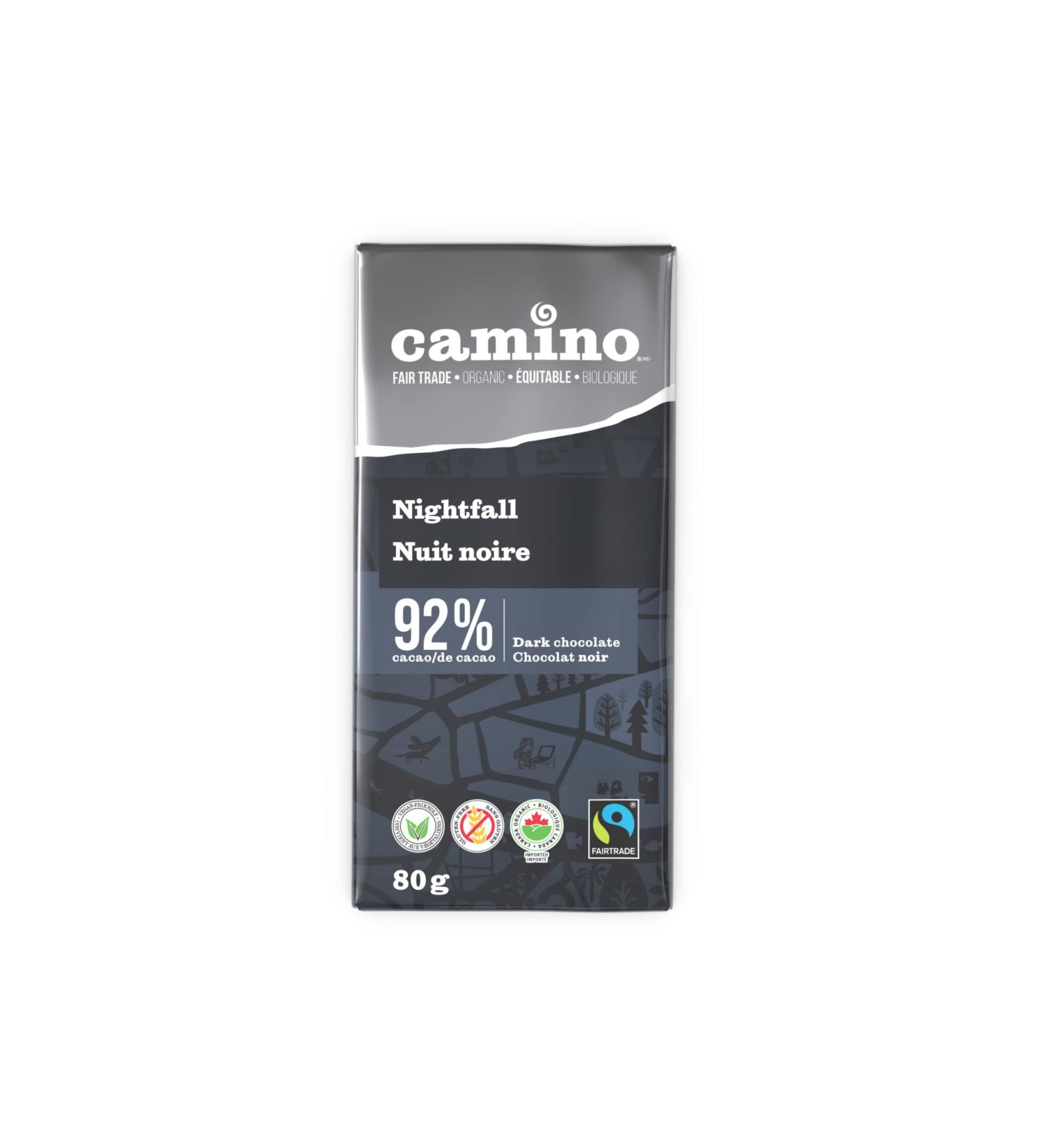 Camino Nightfall Dark Chocolate (92% Cacao) Vegan-Friendly Organic Chocolate Bar 80g Pack of 14