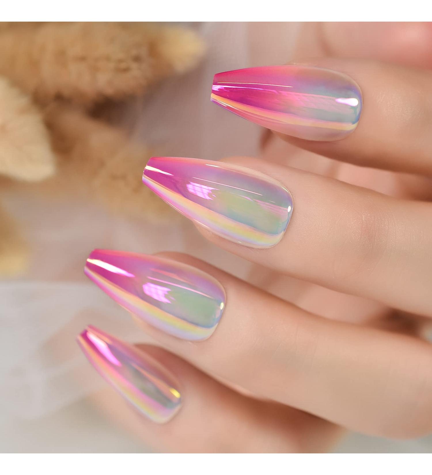 Metallic Ombre Ballerina Press On Nails - Bright Gradient Manicure with Mirror Tips - Buy Online on GoSupps.com