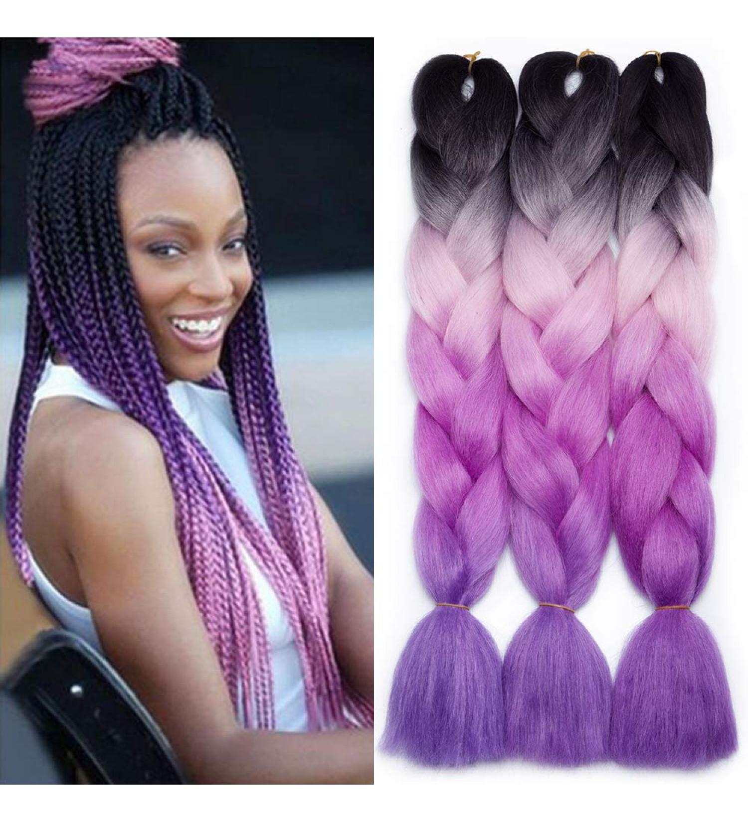 Tess Braids Extensions | 60 cm Jumbo Kanekalon Hair - Black Pink Purple & Blue 3 Pack for Box Braids - Buy Online on GoSupps.com