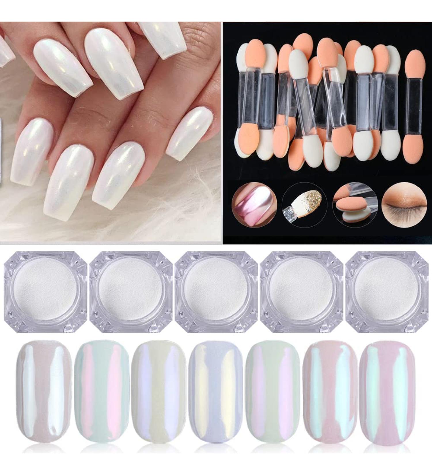 5 Pieces Pearl Glitter Nail Powder Set - Aurora Mirror & Chameleon Chrome Pigment for Stunning Nail Art - Includes 5 Colorful Sponge Brushes - Buy Online on GoSupps.com