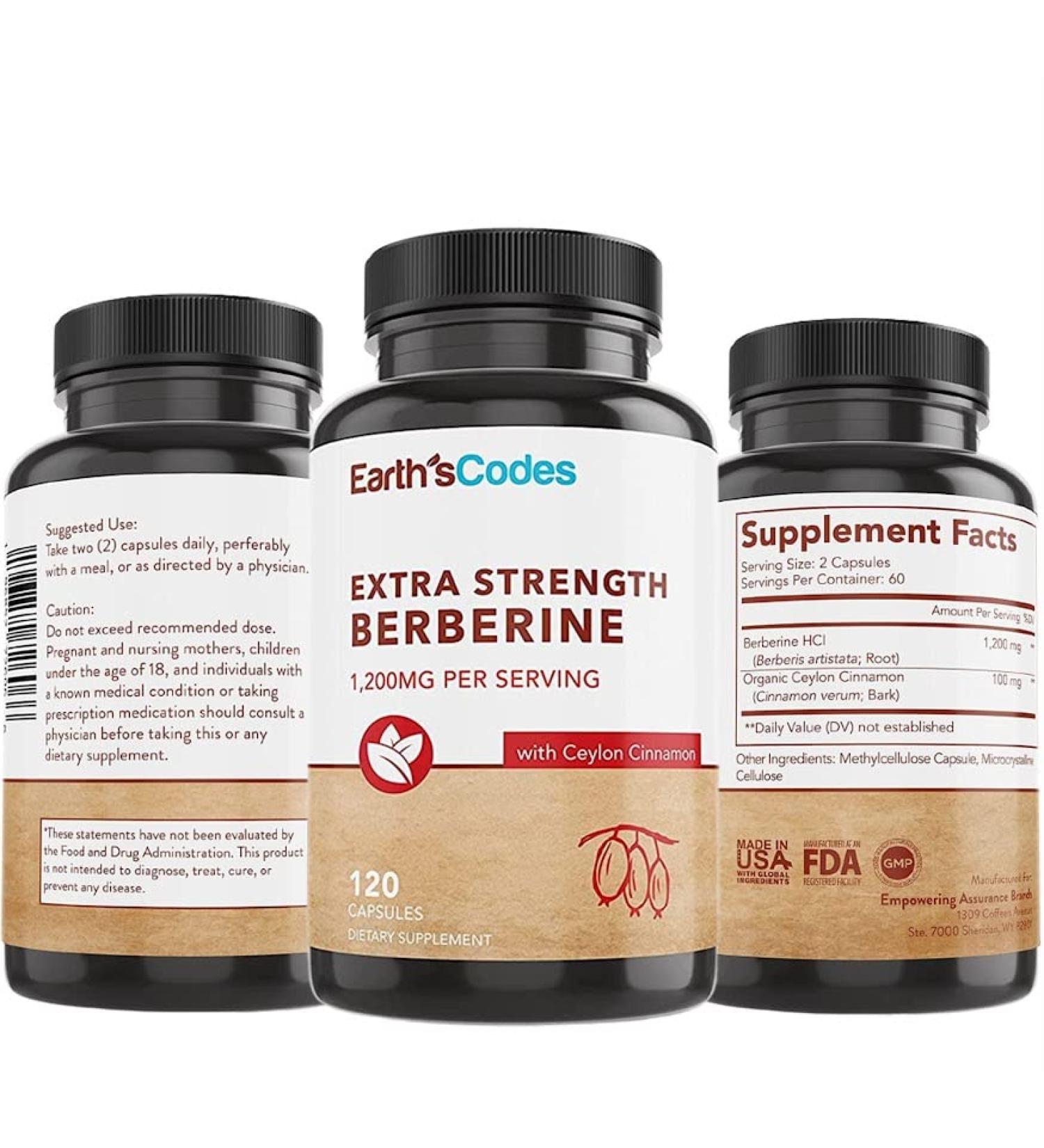 Earth's Codes Premium Berberine 1200mg Capsules | Enhanced with Organic Ceylon Cinnamon | Supports Glucose Metabolism & Immune System | Vegan Friendly - 120 Pills - Buy Online on GoSupps.com