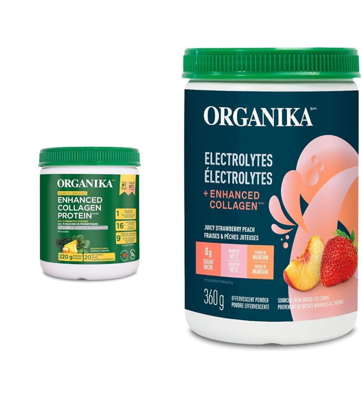 Organika Enhanced Collagen Protein Power Greens - with 16 organic fruits and vegetables & Electrolytes + Enhanced Collagen- Strawberry Peach Flavour Nutritional Supplement+ Strawberry Peach - Buy Online on GoSupps.com