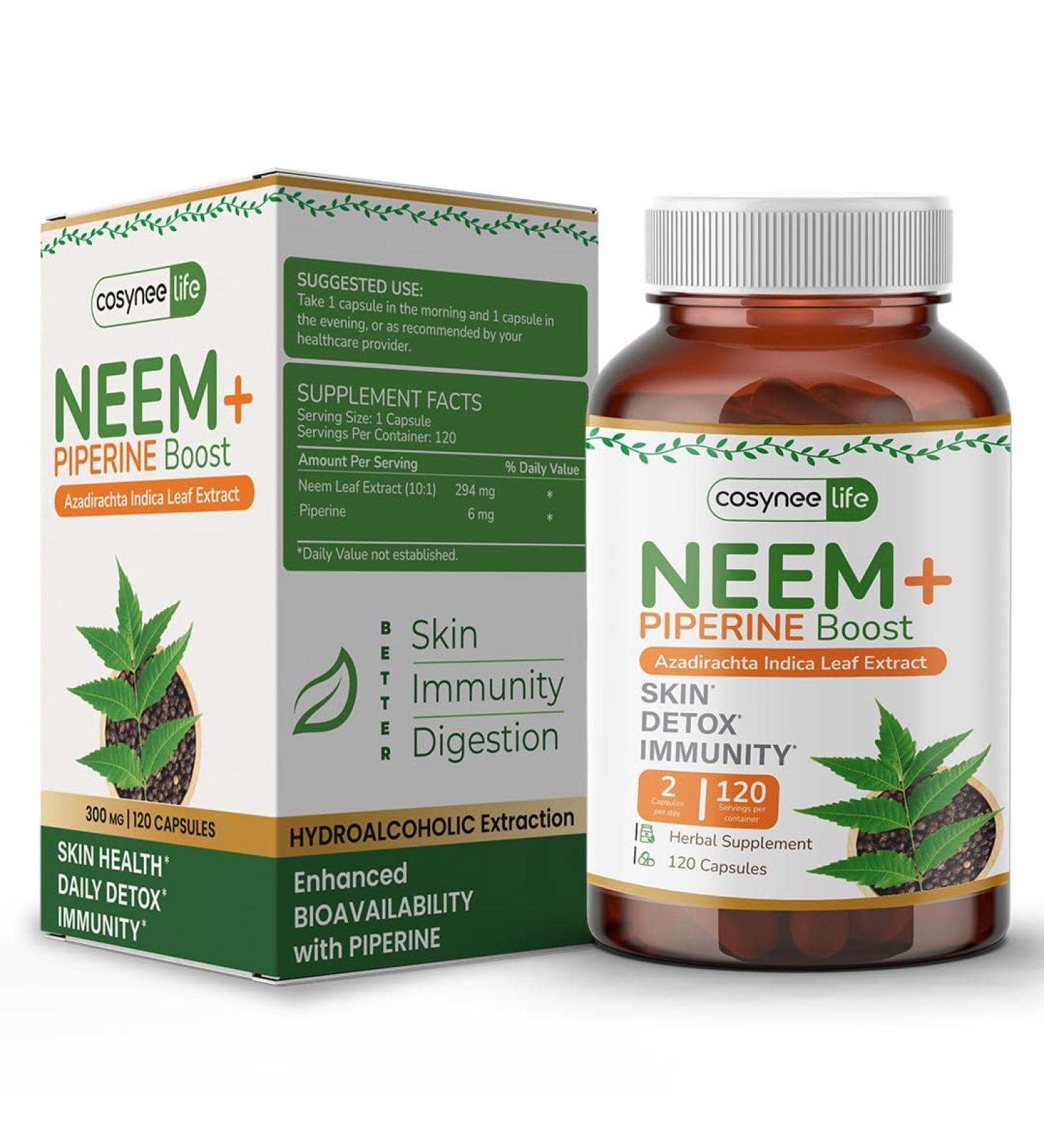Cosynee Life Organic Neem Leaf Capsules 300mg | Neem Supplement with Azadirachta Indica | Neem Capsules for Daily Wellness & Skin Clarity | Neem Leaf Capsules Organic | 120 Count - Buy Online on GoSupps.com