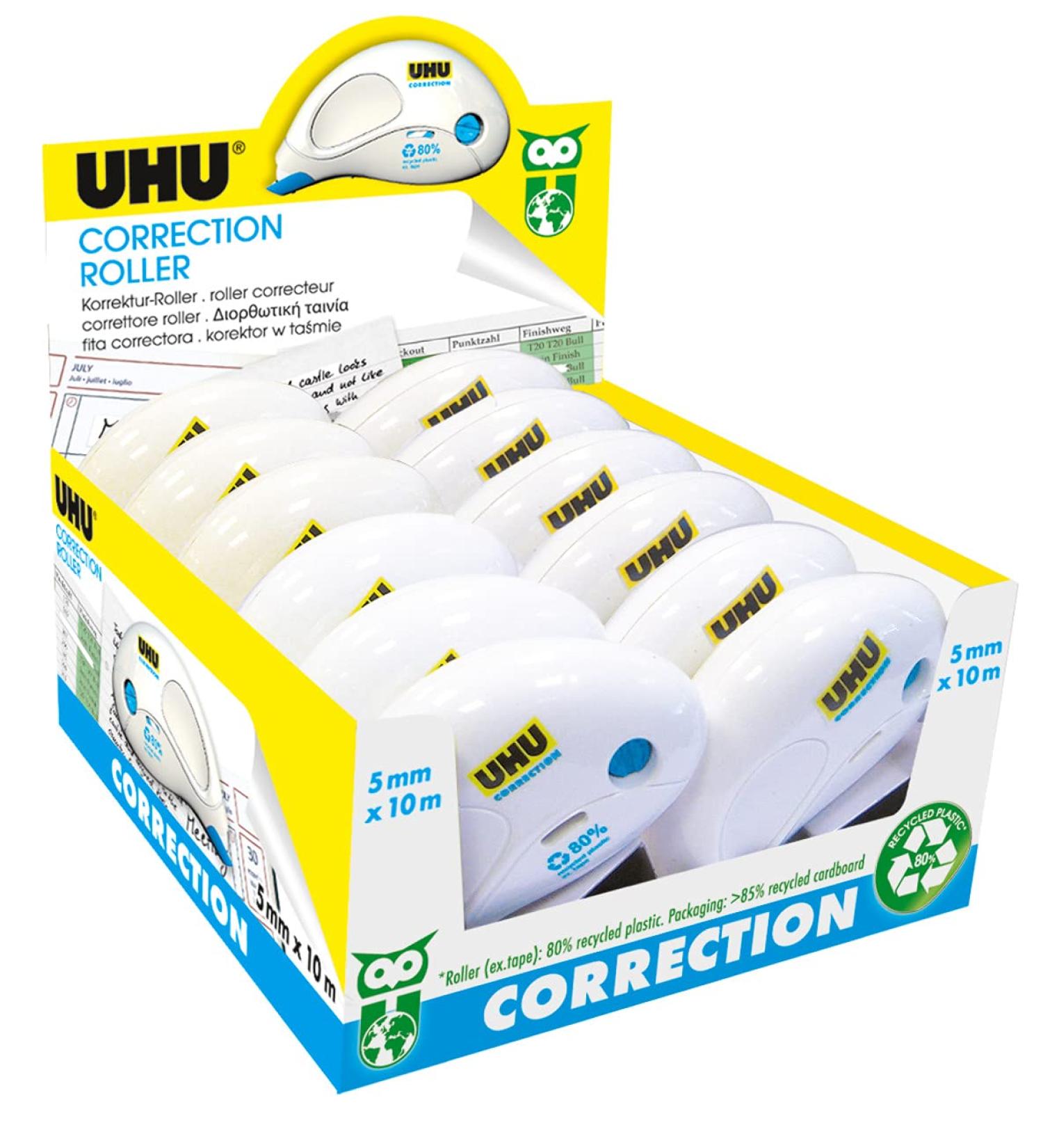 Uhu Correction Roller Compact correction scooters for quick clean and line -precision correcting texts covering white 12 pieces of 10 m x 5 mm