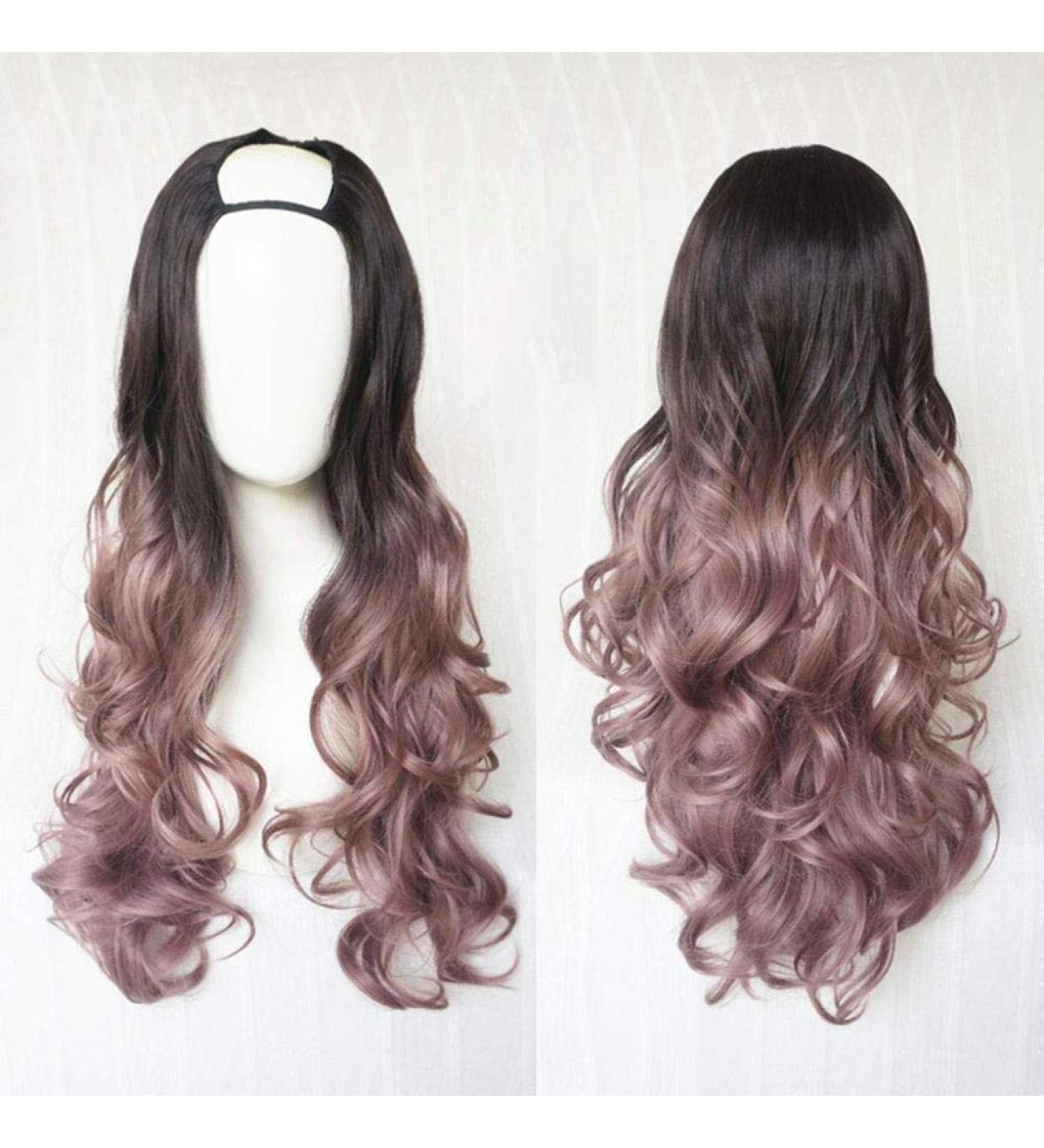 Harajuku Fashion Long Wavy Curly U Shaped Wigs | 28in Heat Resistant Synthetic Hair for Girls - Mixed Gradient Dark Roots - Buy Online on GoSupps.com