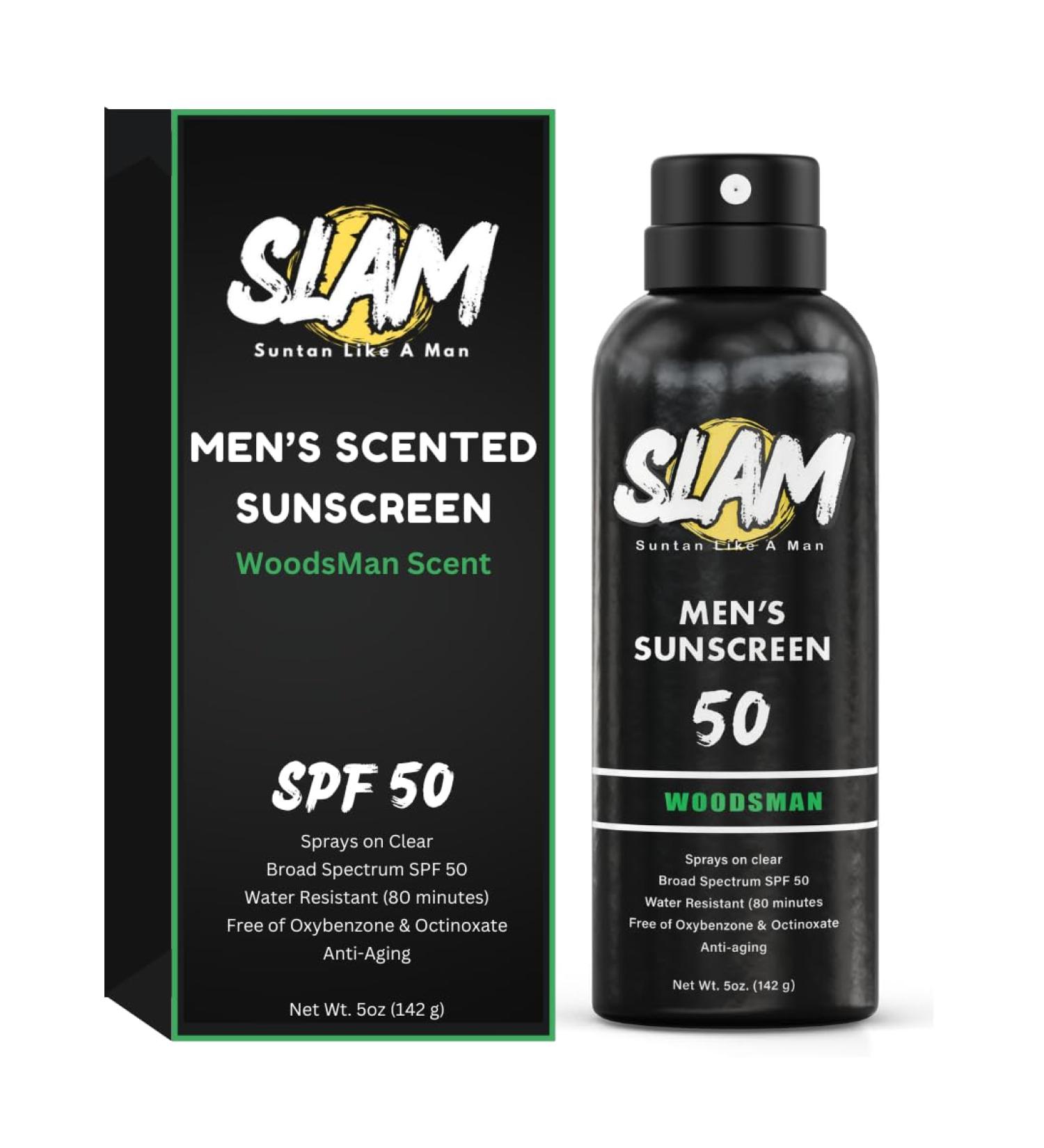 SLAM WoodsMan SPF 50 Scented Sunscreen Spray - Broad Spectrum Water & Sweat Resistant Reef Safe Teakwood Scent for Body & Face - Buy Online on GoSupps.com