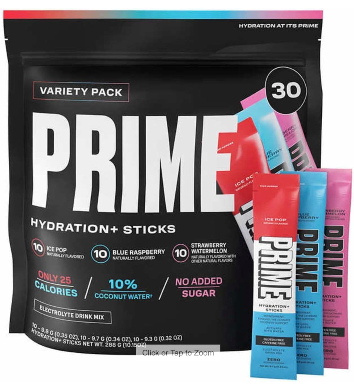 Prime Hydration Powder Sticks Variety Pack - Strawberry Watermelon Ice Pop & Blue Raspberry - 30 Pack (3 Flavours - Makes 30 Drinks) - Buy Online on GoSupps.com