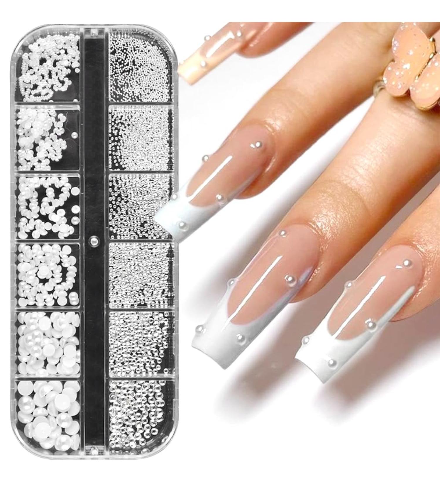 Buy 1 Box of 12 Grid Nail Art Rhinestones & White Pearls - Semicircular Pearl Balls Stainless Steel Caviar Beads Flatback Pearls for Stunning Acrylic Nail Designs - International Shipping Available - Buy Online on GoSupps.com