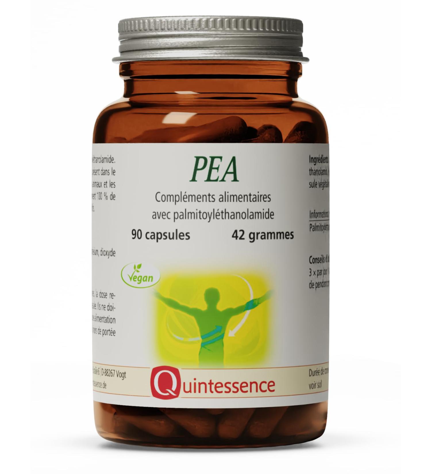 PEA 90 capsules 400 mg of Quintessence palmitoylethanolamide 100% pure PEA without additives highly dosed at 400 mg per capsule vegan produced in Germany