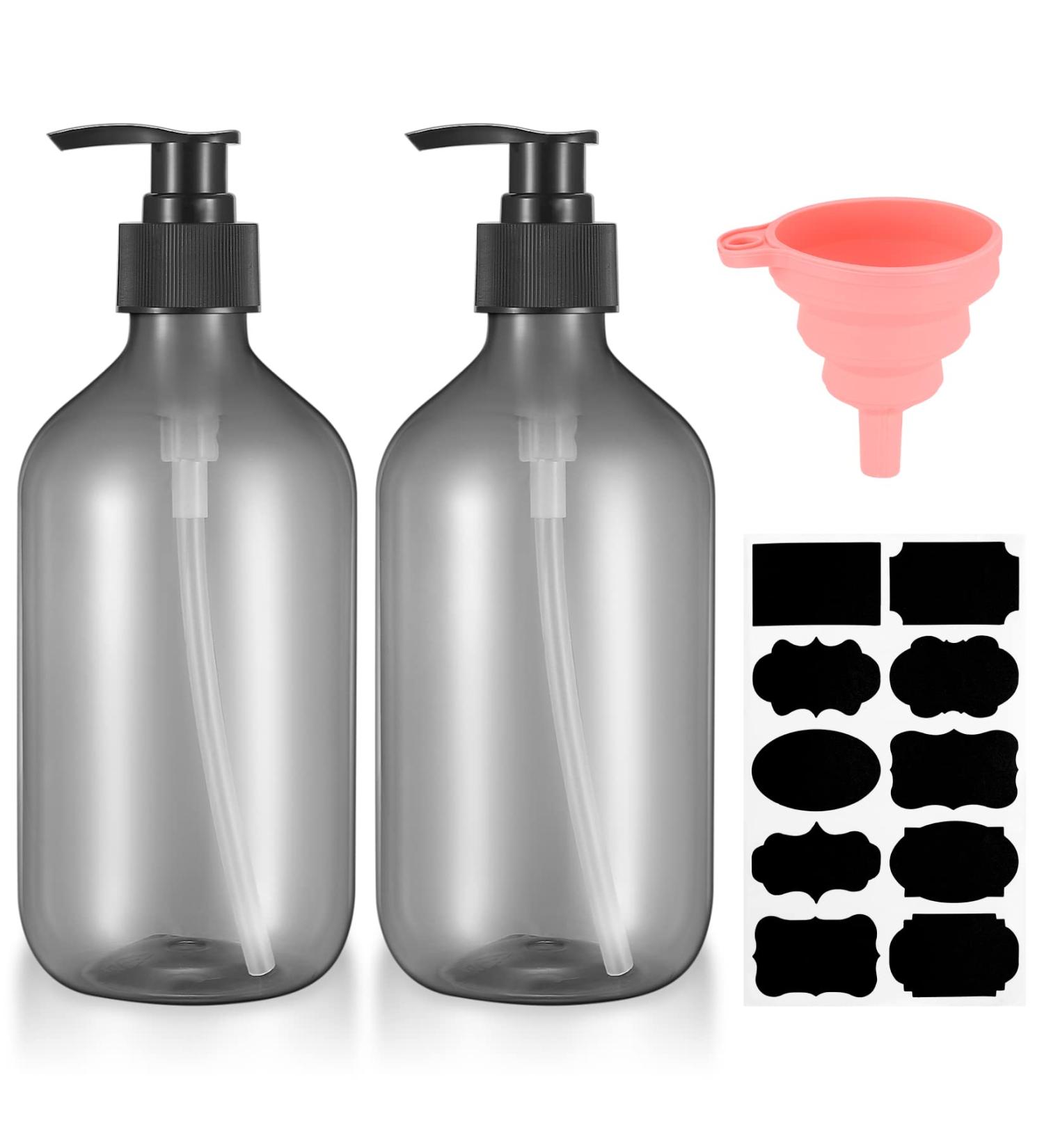 2-Pack 500ml Shampoo & Shower Gel Bottles - Refillable Pumping Plastic Soap Dispenser with Funnels & Labels (Gray) | Ideal for Lotions & Shampoos - Buy Online on GoSupps.com