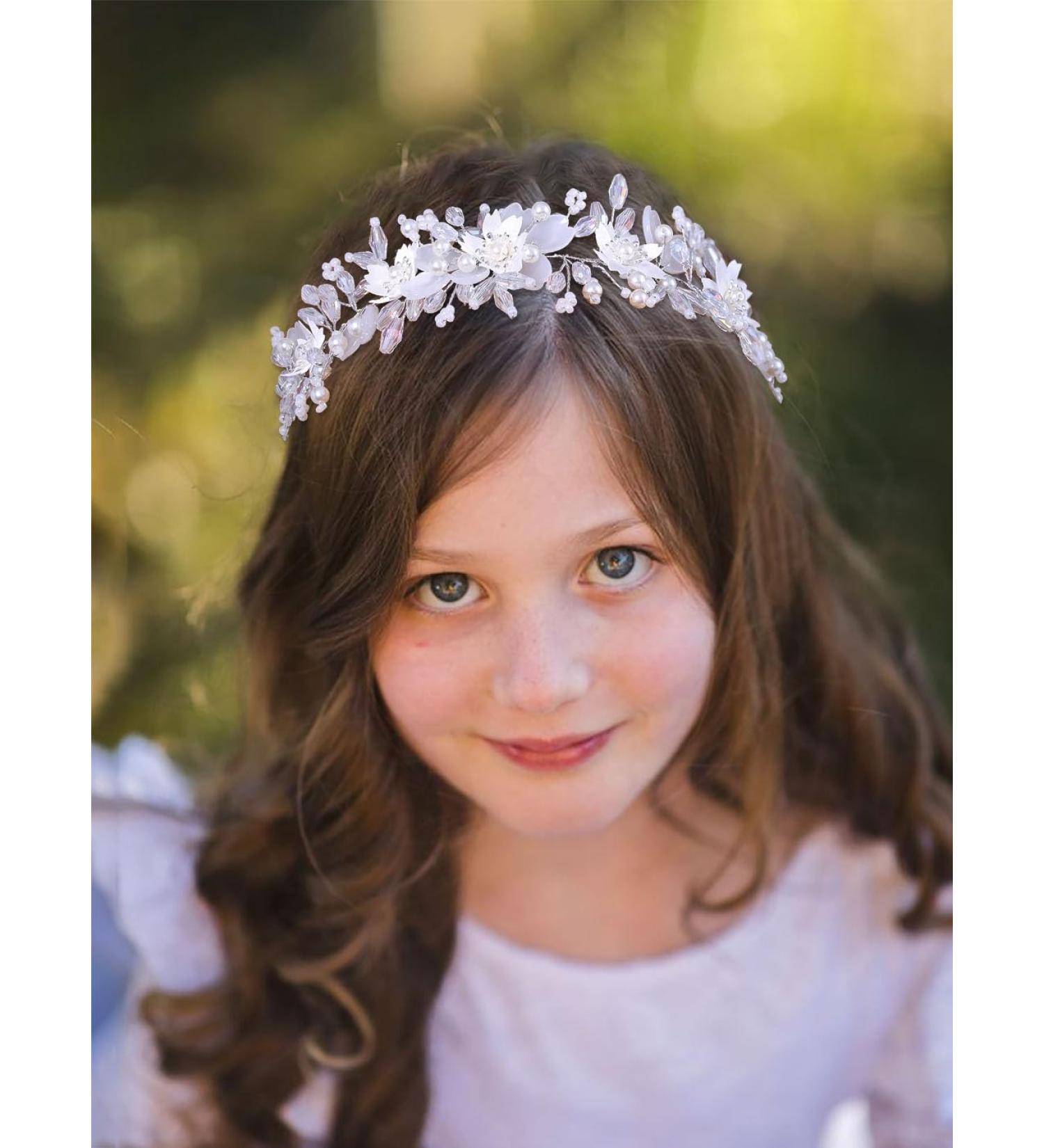 IYOU Flower Girl Headband White Floral Communion Headpiece Pearl Crystal Hair Pieces Bridal Wedding Hair Accessories for Princess Girls - Buy Online on GoSupps.com