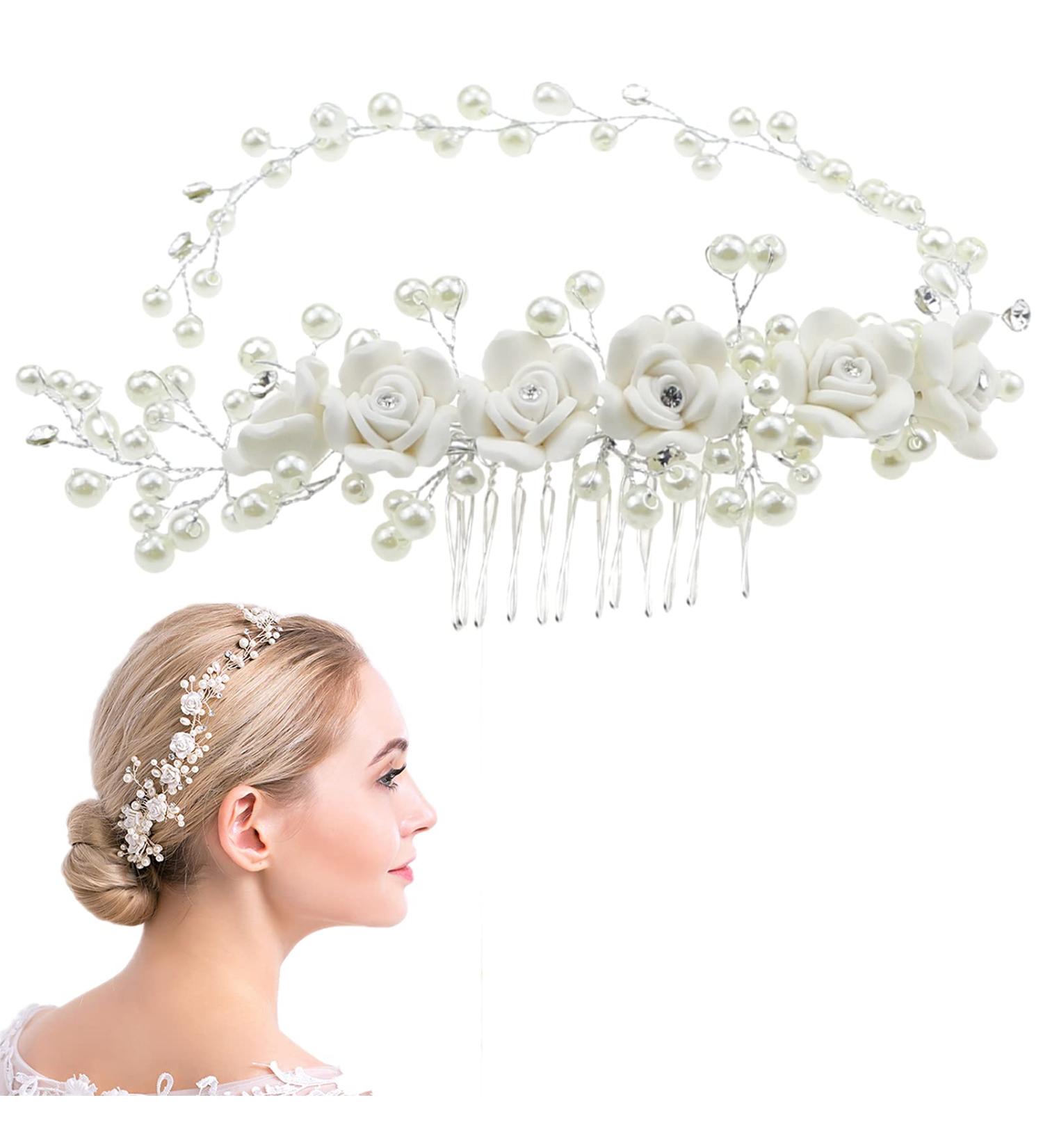 Pearl Floral Bridal Wedding Hair Clip Comb Crystal Bridal Hair Accessories Wedding Decoration Headpiece for Women Girls Brides and Bridesmaids - Buy Online on GoSupps.com