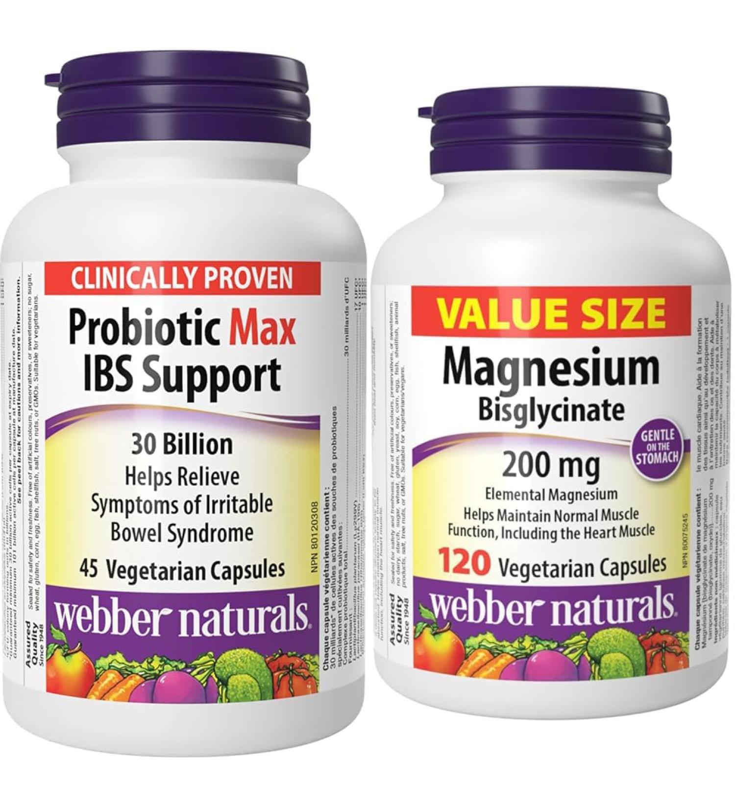 Webber Naturals Probiotic Max IBS Support 30 Billion Active Cells 5 Probiotic Strains 45 Capsules & Magnesium Bisglycinate 200 mg 120 Capsules Supports Bone and Muscle Functions Vegan SUPPLEMENT + SUPPLEMENT s1101ed23 - Buy Online on GoSupps.com