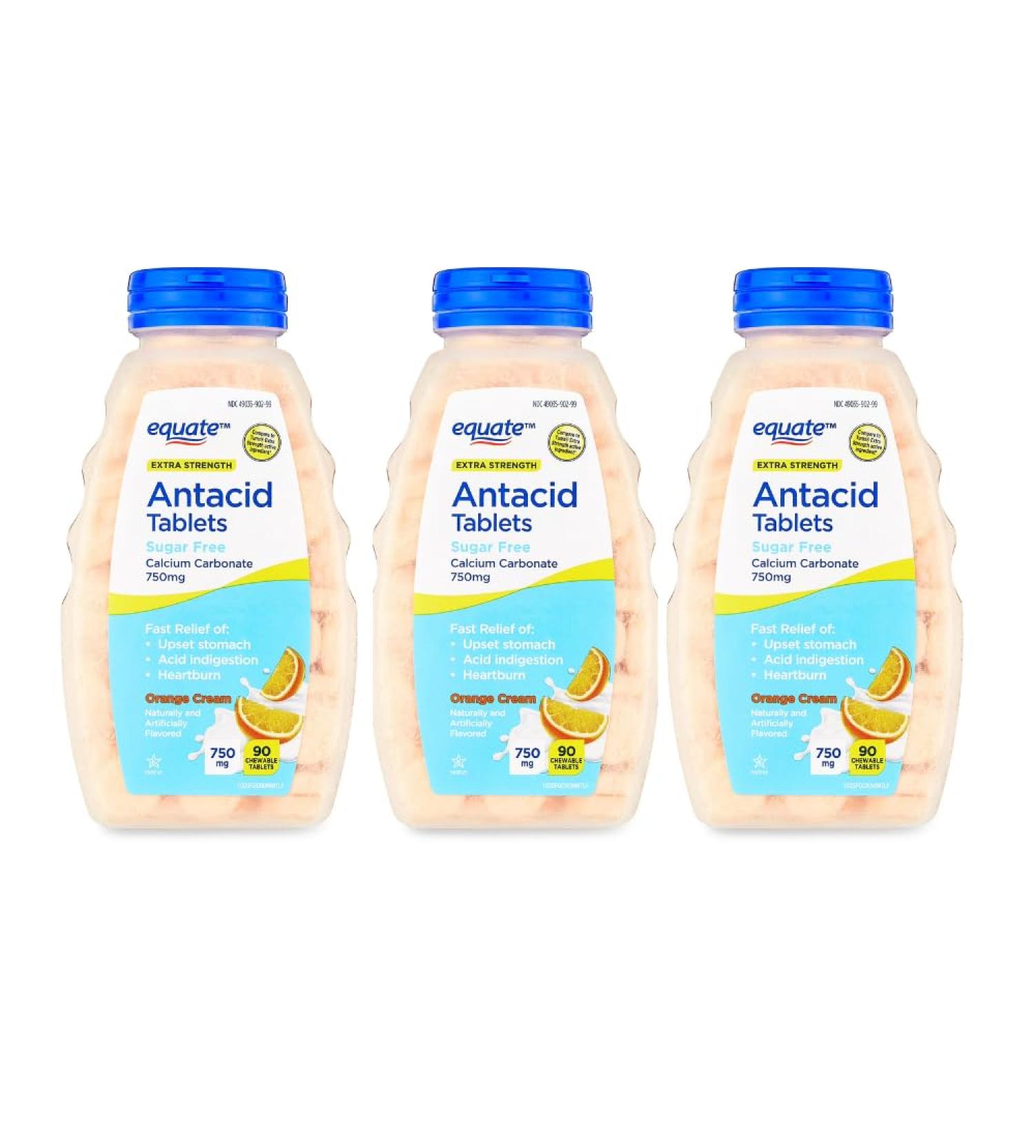 Equate Sugar-Free Antacid Extra Strength Chewable Tablets Orange Cream 750 mg 90 Count (Pack of 3) Total 270 Count - Buy Online on GoSupps.com