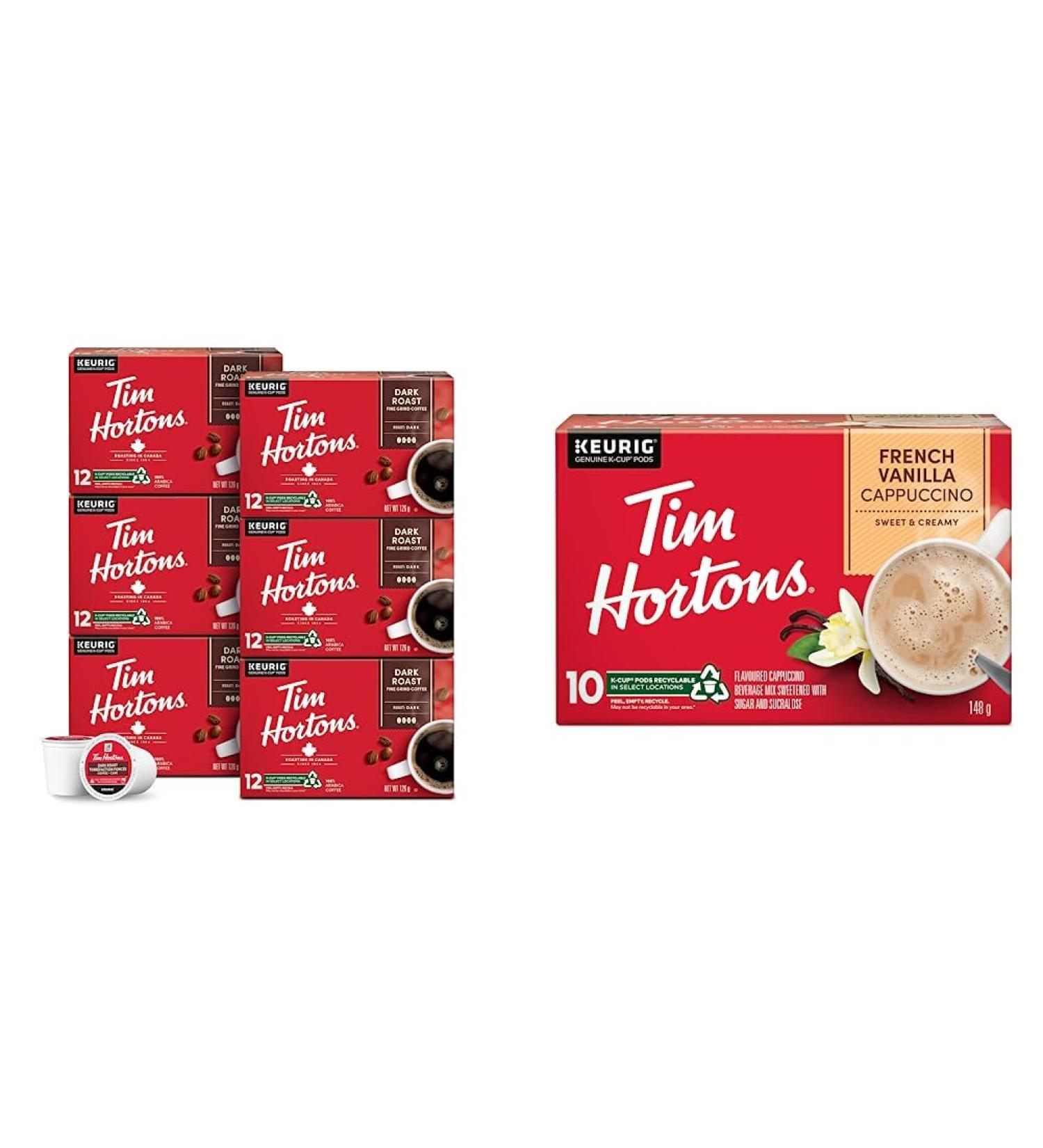 Tim Hortons Dark Roast Coffee Single Serve Keurig K-Cup Pods 72 Count & French Vanilla Cappuccino Flavoured Coffee Single Serve Keurig K-Cup Pods 10 Count Coffee + Coffee Pods 10 Count Dark 72 Count (Pack of 1) - Buy Online on GoSupps.com