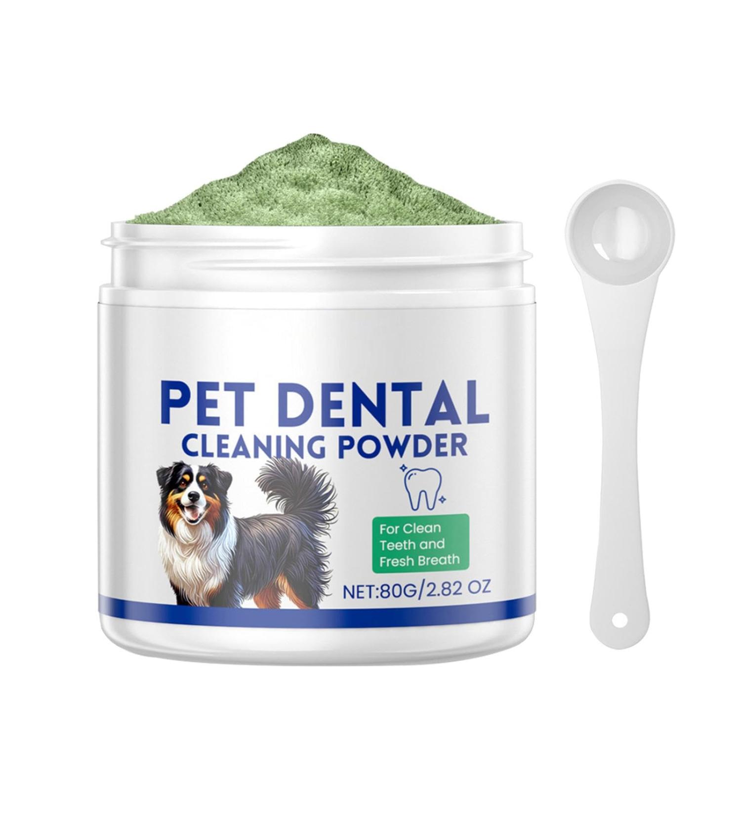 Muflydo Green Powder for Dogs Teeth - 80g Teeth Cleaning Stain Remover Safe Dog Breath Freshener Plaqueoff Powder with Scoop for Small Medium Large Dogs - Buy Online on GoSupps.com