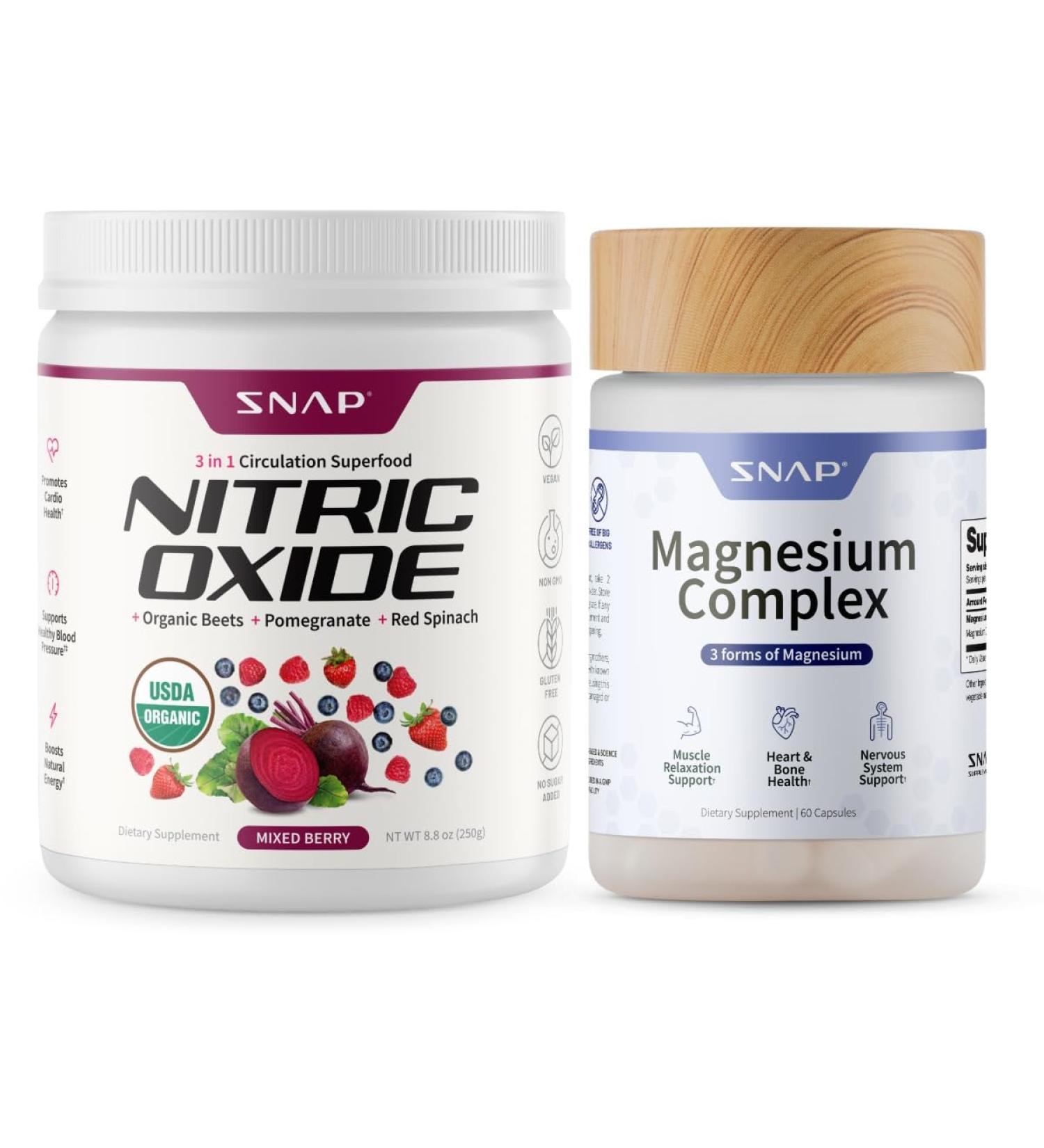 Snap Supplements Organic Beet Root Nitric Oxide Powder + Magnesium Complex Capsules 30 Servings Mixed Berry Powder + 60 Vegetarian Capsules - Buy Online on GoSupps.com