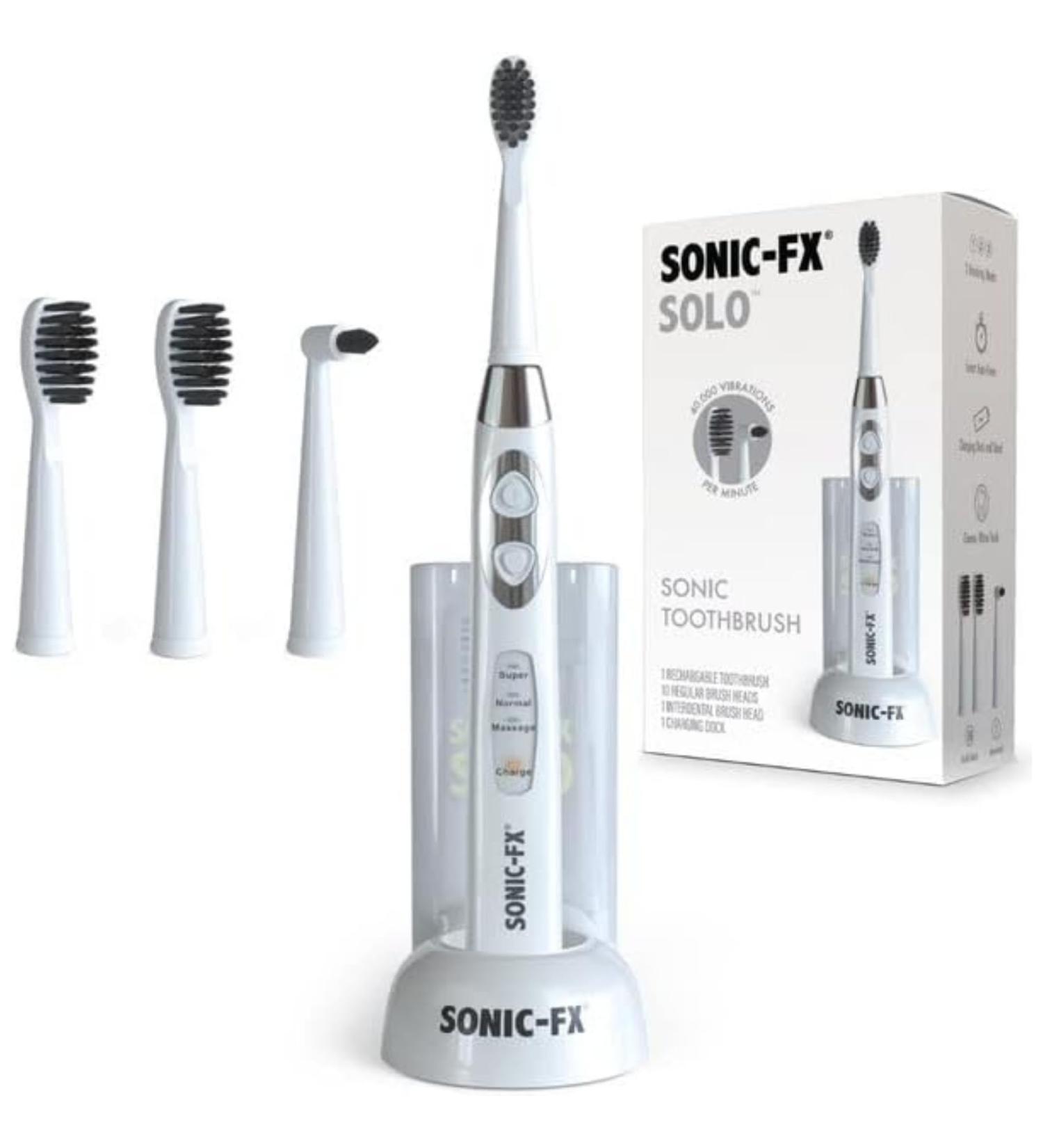 Sonic-FX Solo Sonic Rechargeable Toothbrush | 3 Brushing Modes with Smart Timer & Charging Dock | Includes 3 Brush Heads - White - Buy Online on GoSupps.com