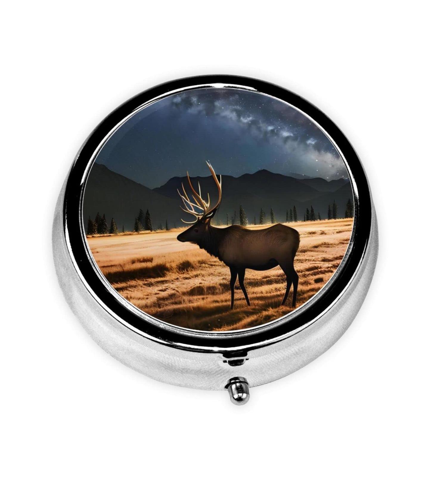 Elk in The Meadow Round Pill Box - 3 Compartment Portable Travel Organizer for Medication - Buy Online on GoSupps.com