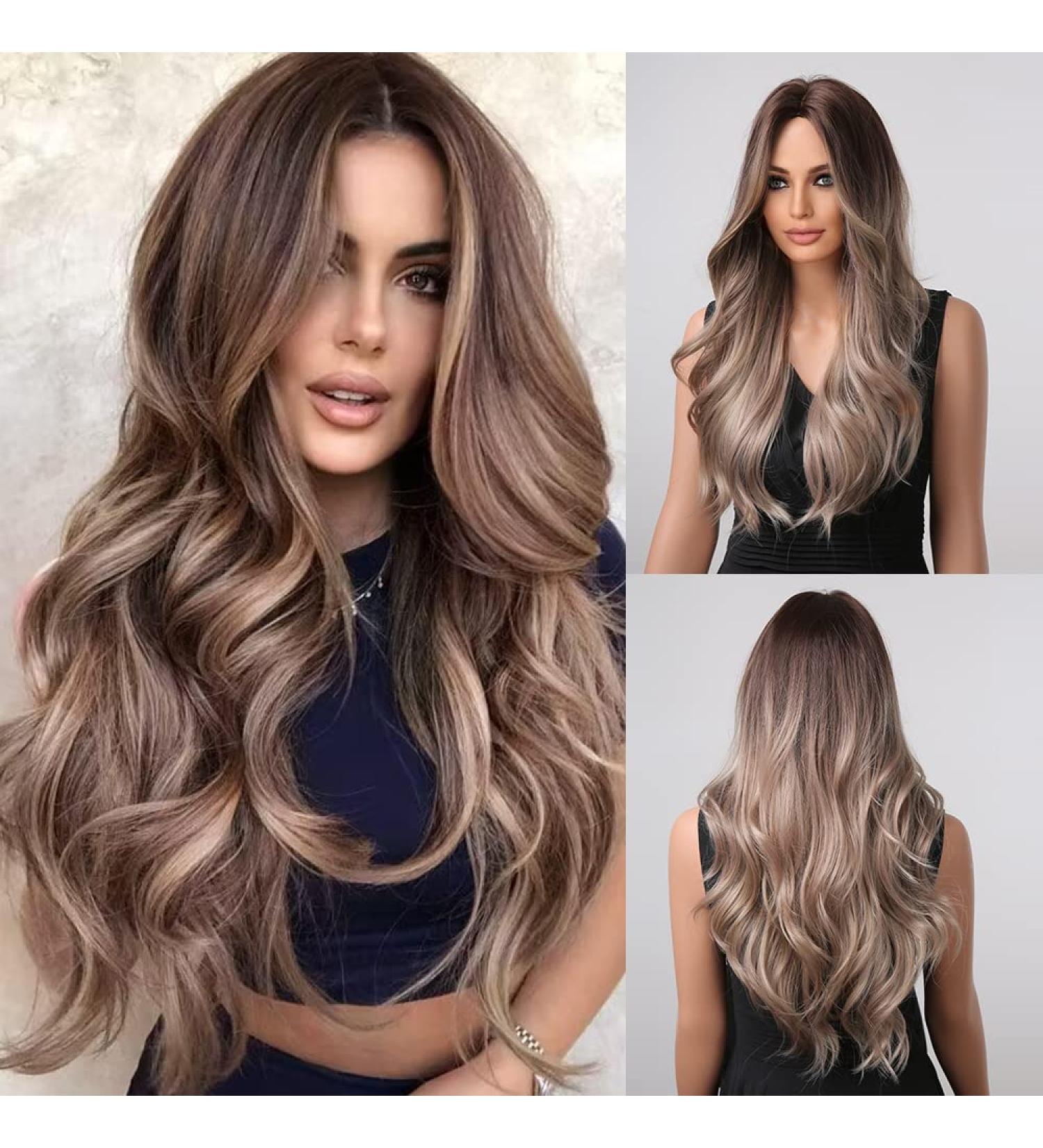Uevies Wavy Synthetic Wig for Women - Brown & Gray 66 cm Realistic Look for Halloween Cosplay & Everyday Use - Buy Online on GoSupps.com
