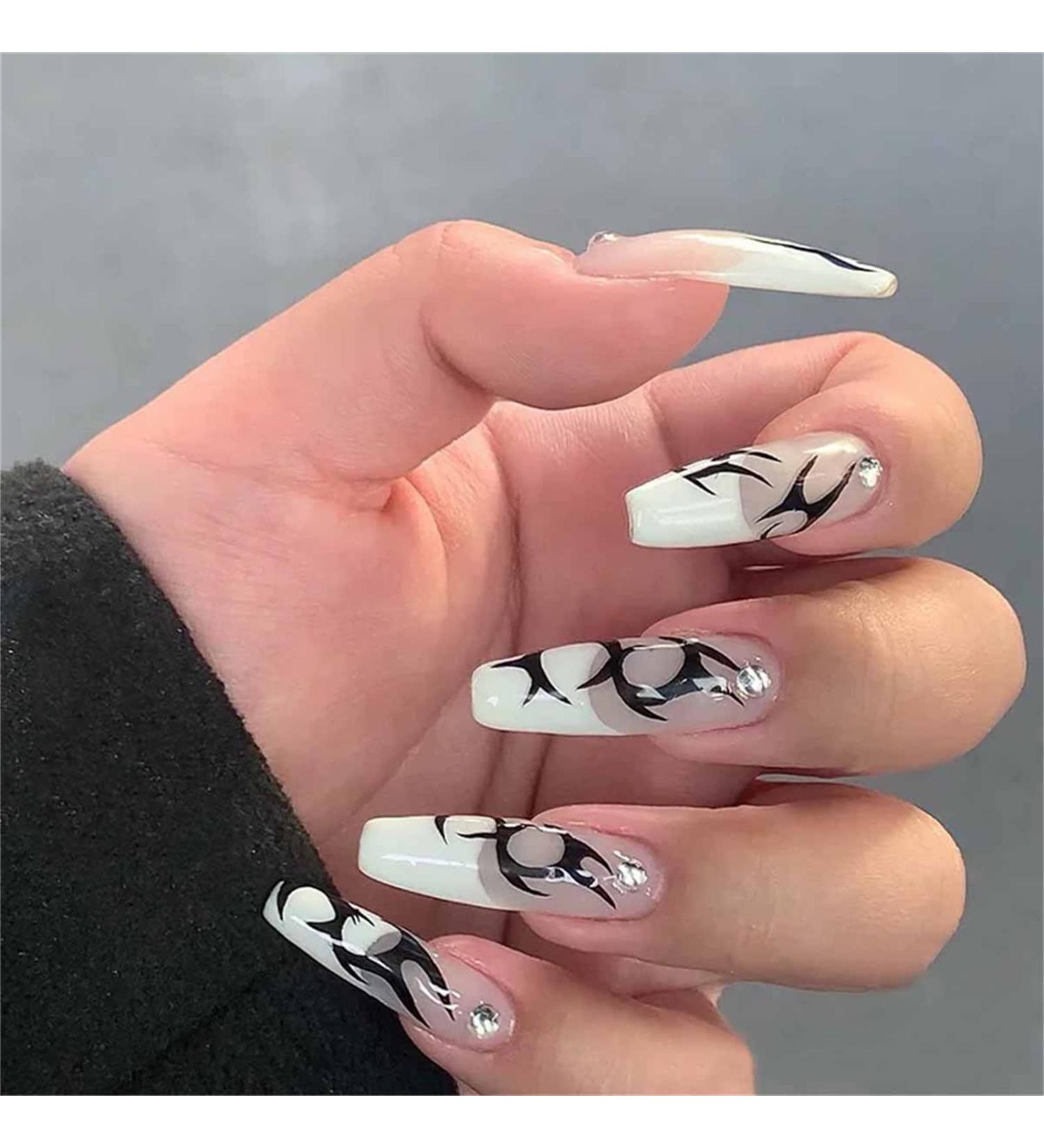 False Nails Long Ballet Full Cover Glue Included Press on Nails 24 Pieces Black Geometric Nail Art Tip with Box for Nail Salons and Women DIY Nail Art - Buy Online on GoSupps.com