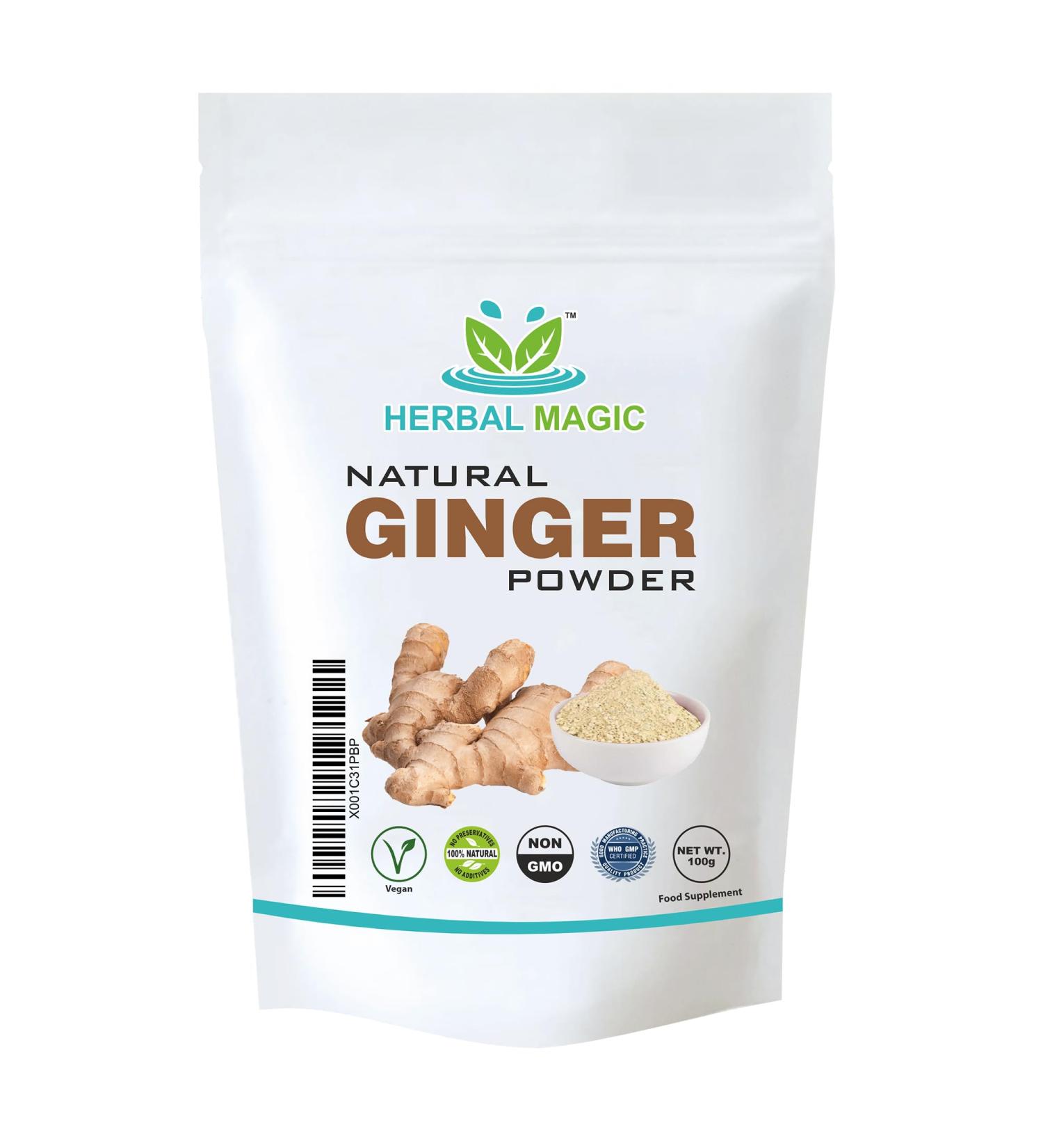 Herbal Magic Ginger Powder - High Strength King of Spices for Vibrant Smoothies, Shakes, Soups, Juices, and Baking - 100g Pack - Pure, Natural, Fillers & Preservatives Free - Buy Online on GoSupps.com