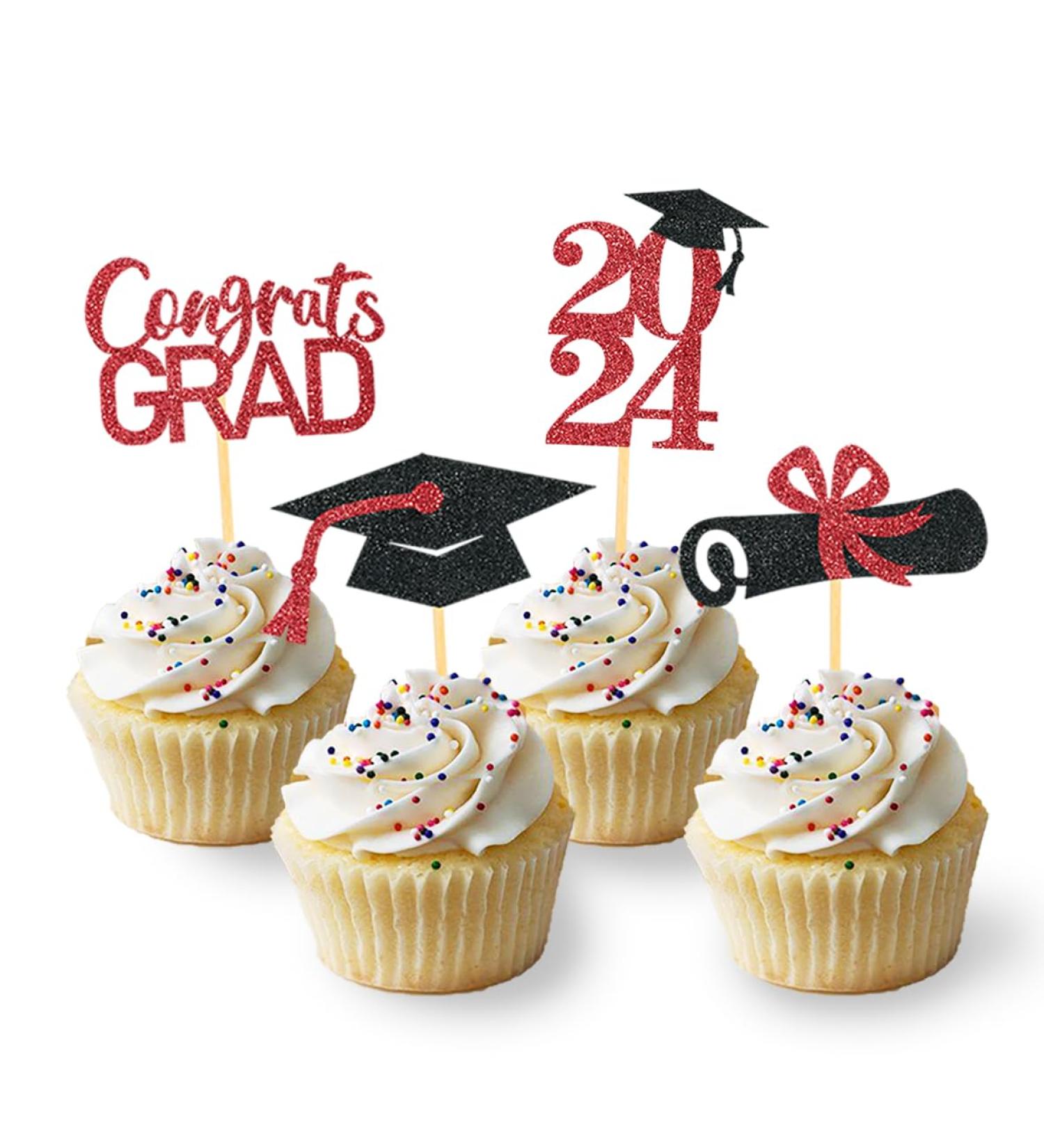 24Pcs Graduation Cupcake Toppers Graduation Cupcake Picks for Cupcake Food Decorations - Class of 2024 Graduation Cupcake Toppers Supplies (Black & Red) - Buy Online on GoSupps.com