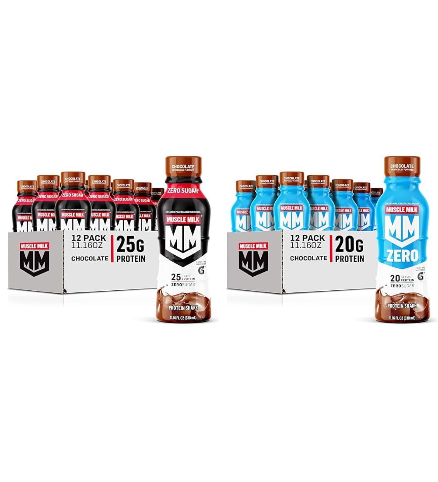 Muscle Milk Genuine Protein Shake Chocolate 25g Protein 11.16 Fl Oz (Pack of 12) & Zero Protein Shake Chocolate 20g Protein Zero Sugar 100 Calories Calcium Vitamins A C & D - Buy Online on GoSupps.com