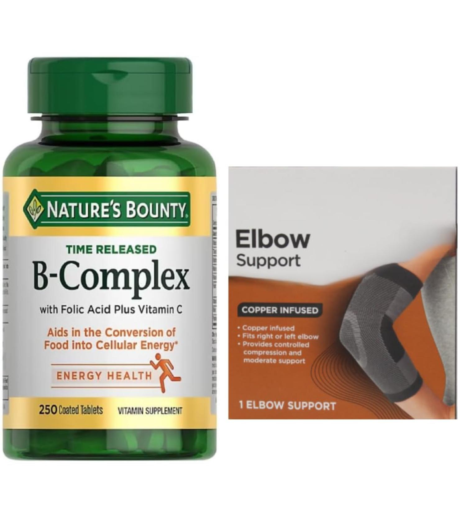Nature s Bounty Time Released B-Complex Energy & Metabolism Support with Vitamin C & Folic Acid 250 Tablets + Bonus 1 Elbow Support - Buy Online on GoSupps.com