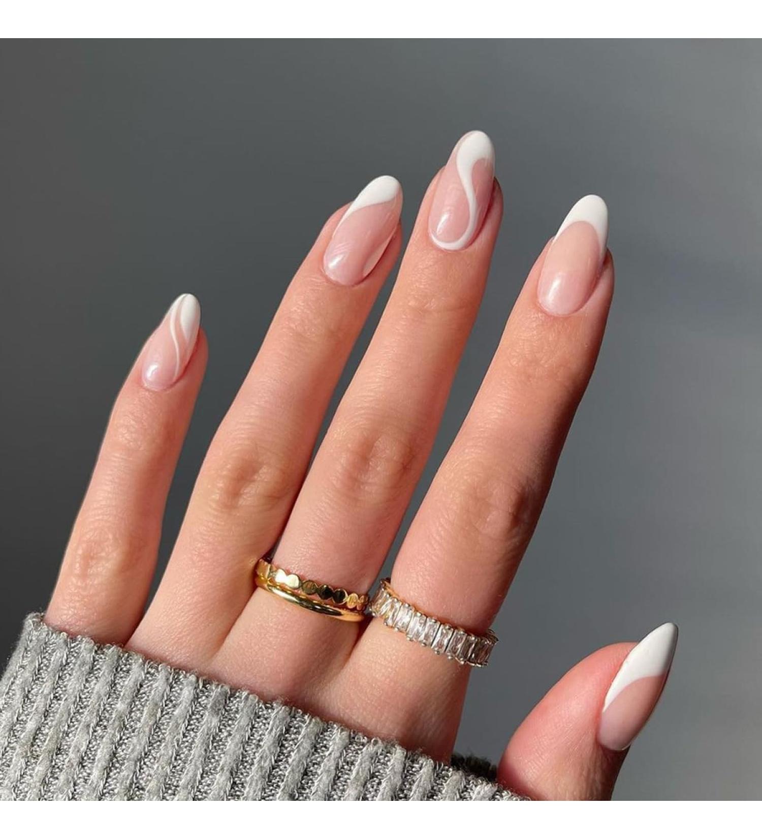 24Pcs/Set Press On Nails Medium Length White Lnes False Nails Acrylic Fake Nails Full Cover Nails Tips Artificial Finger Manicure Press on nails for Women and Girls - Buy Online on GoSupps.com