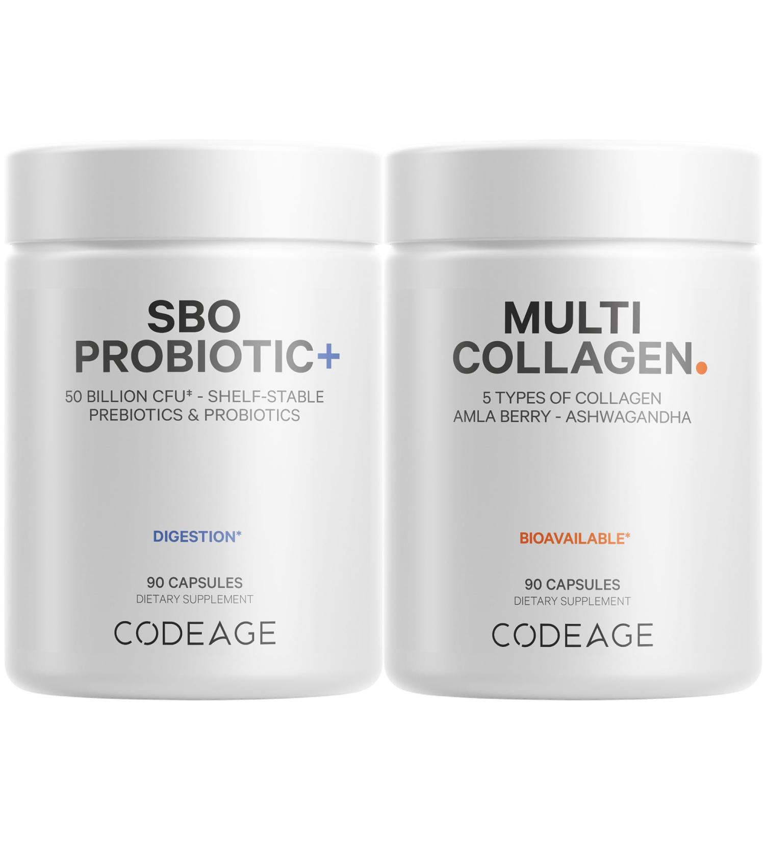 Codeage Multi Collagen Protein Capsules 5 Types Ashwagandha Withania Somnifera & Organic Amla Berry + SBO Probiotic Blend 50 Billion CFU Bundle Lactobacillus Plantarum Bacillus Subtilis Non-GMO - Buy Online on GoSupps.com