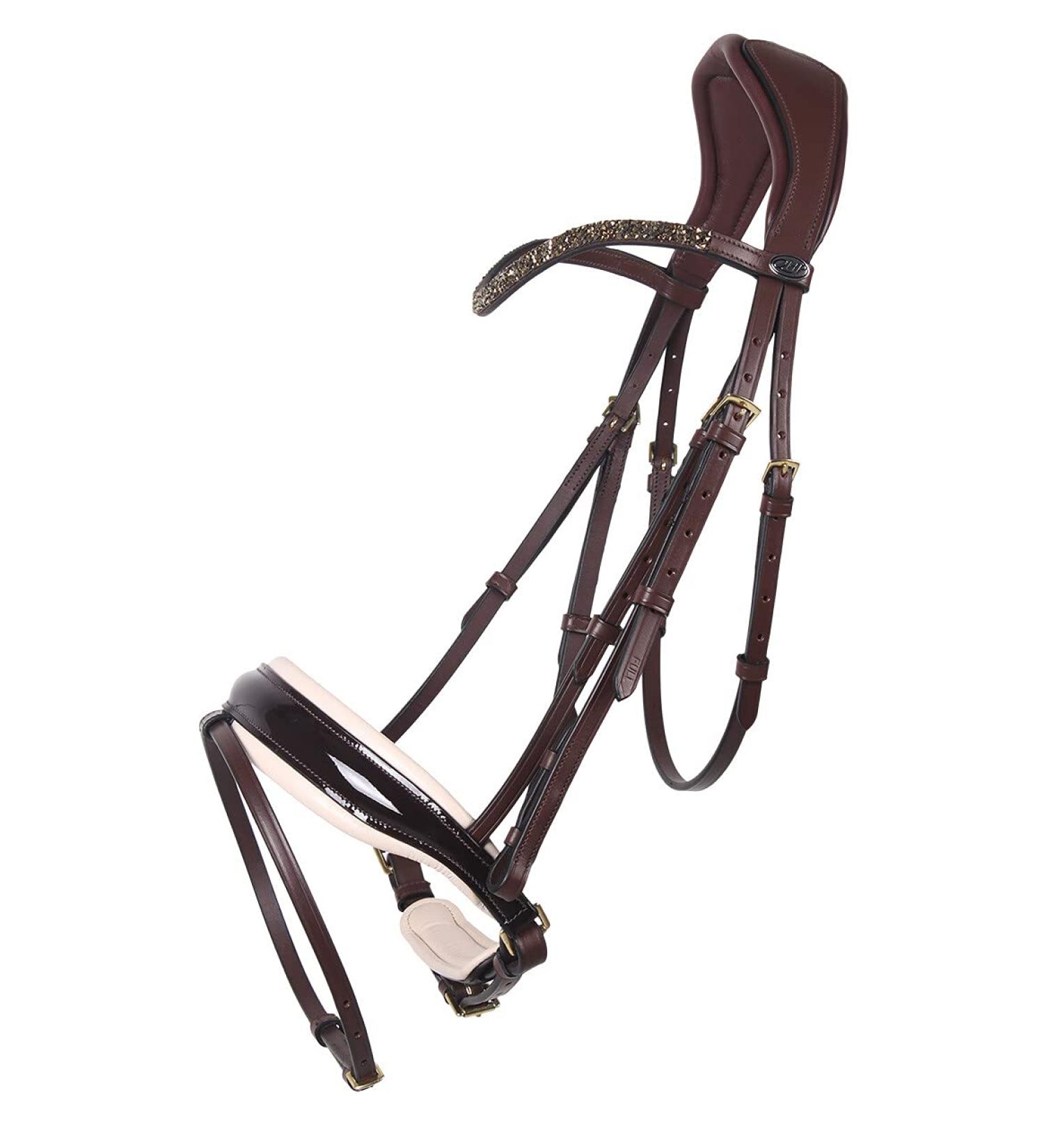 QHP Swedish Bridle - Lupine Leather Browband with Rhinestone Splinters for Thoroughbreds | Brown/Beige | International Shipping Available - Buy Online on GoSupps.com
