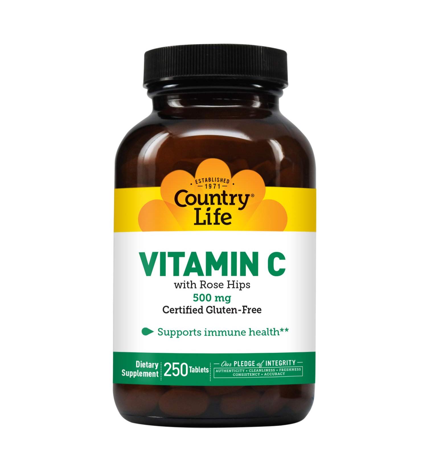 Country Life Vitamin C with Rose Hips 500mg - 250 Tablets | Immune Support & Antioxidant - Buy Online on GoSupps.com