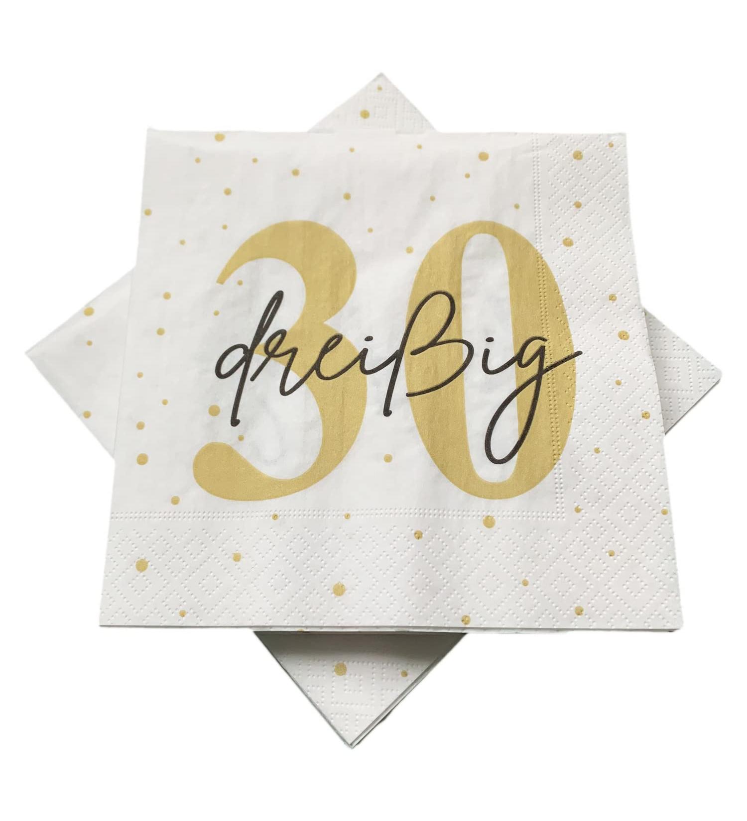 20 napkins for 30th birthday 33x33 cm - white gold black