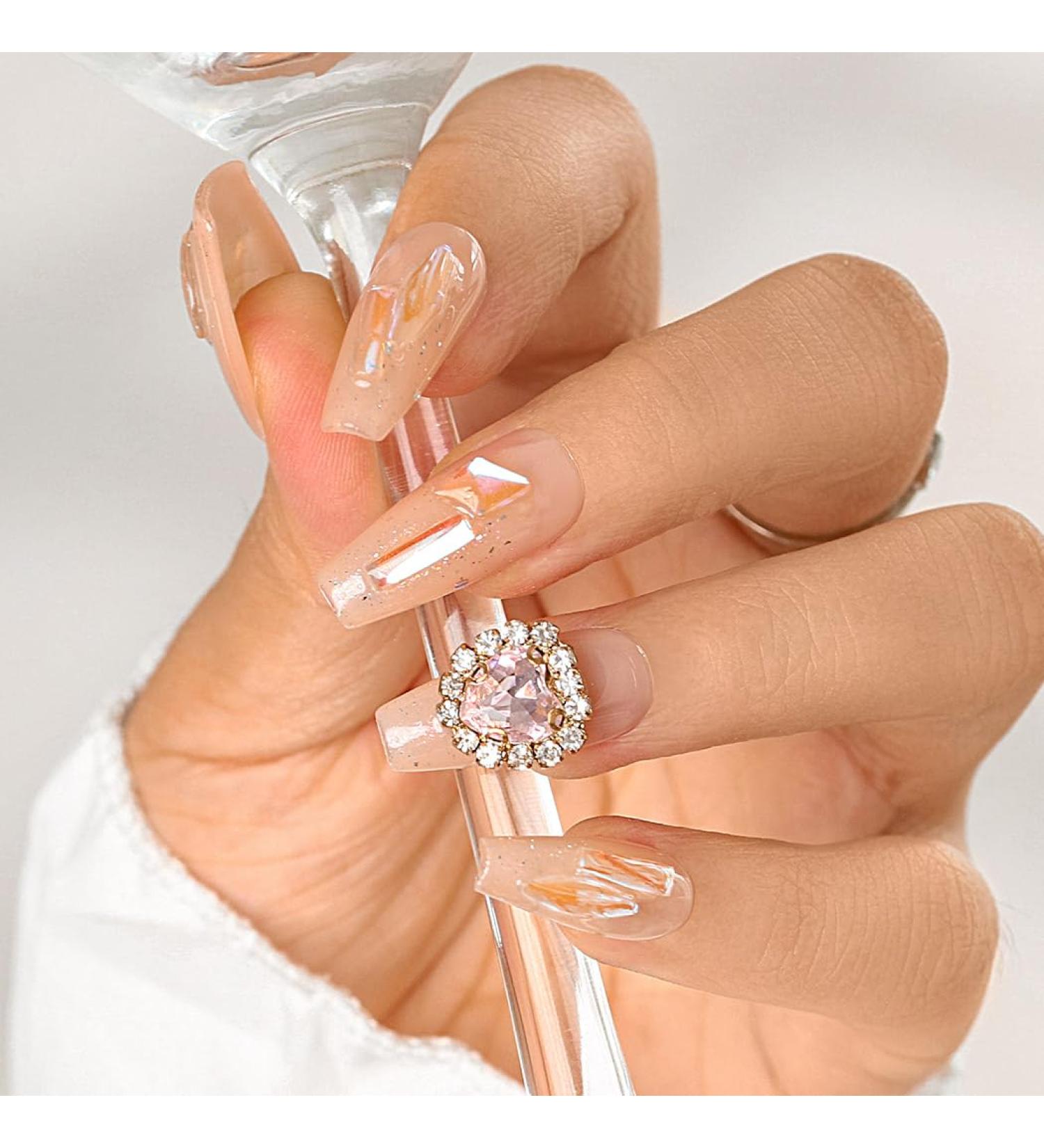 Sethexy Handmade Long Coffin False Nails - Aurora Color Gradient with Rhinestone & Glitter - Salon Quality Removable Acrylic Nail Art for Women & Girls - Buy Online on GoSupps.com